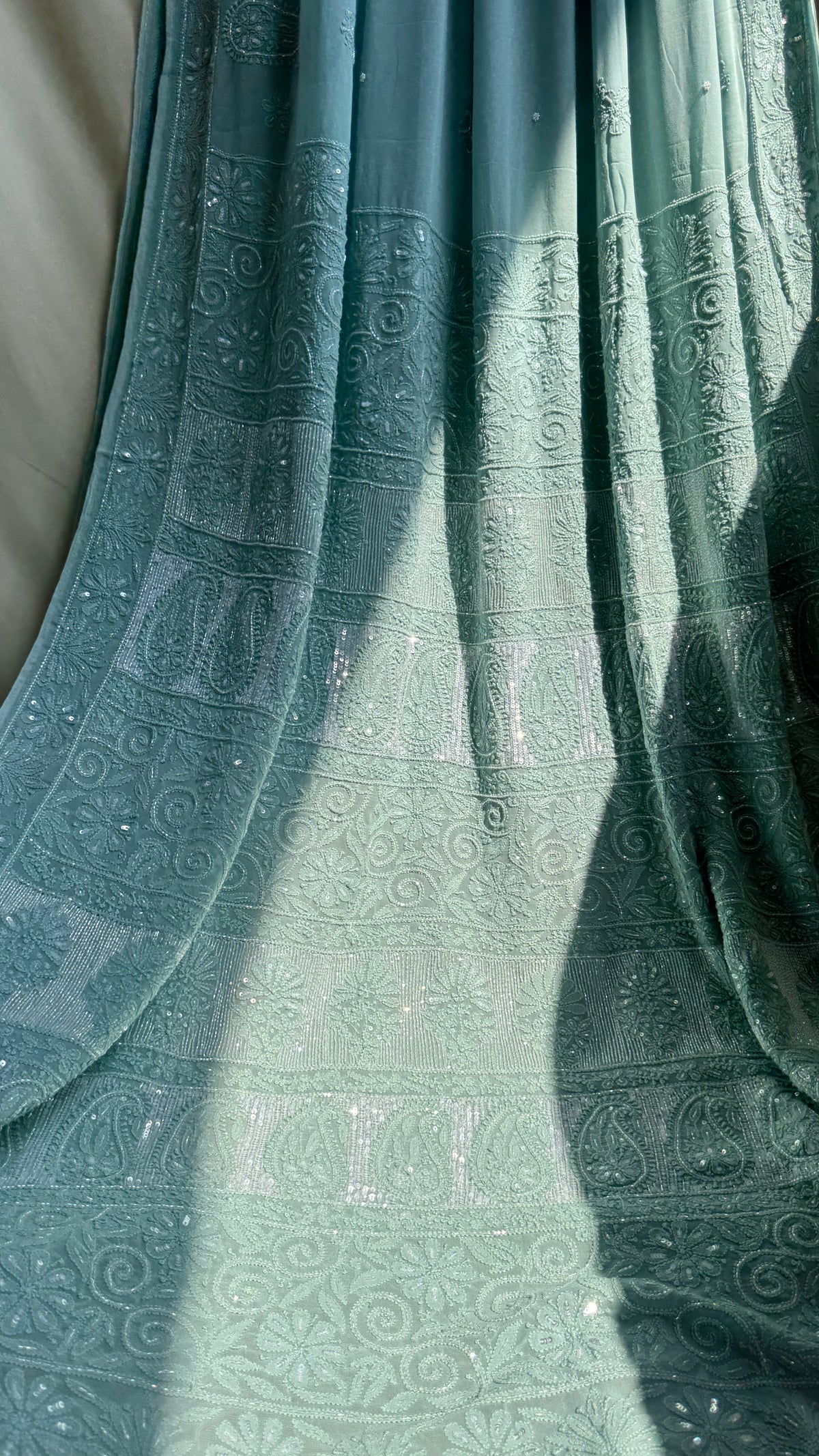 Chikankari saree with Pearl embellishments- Sage Green
