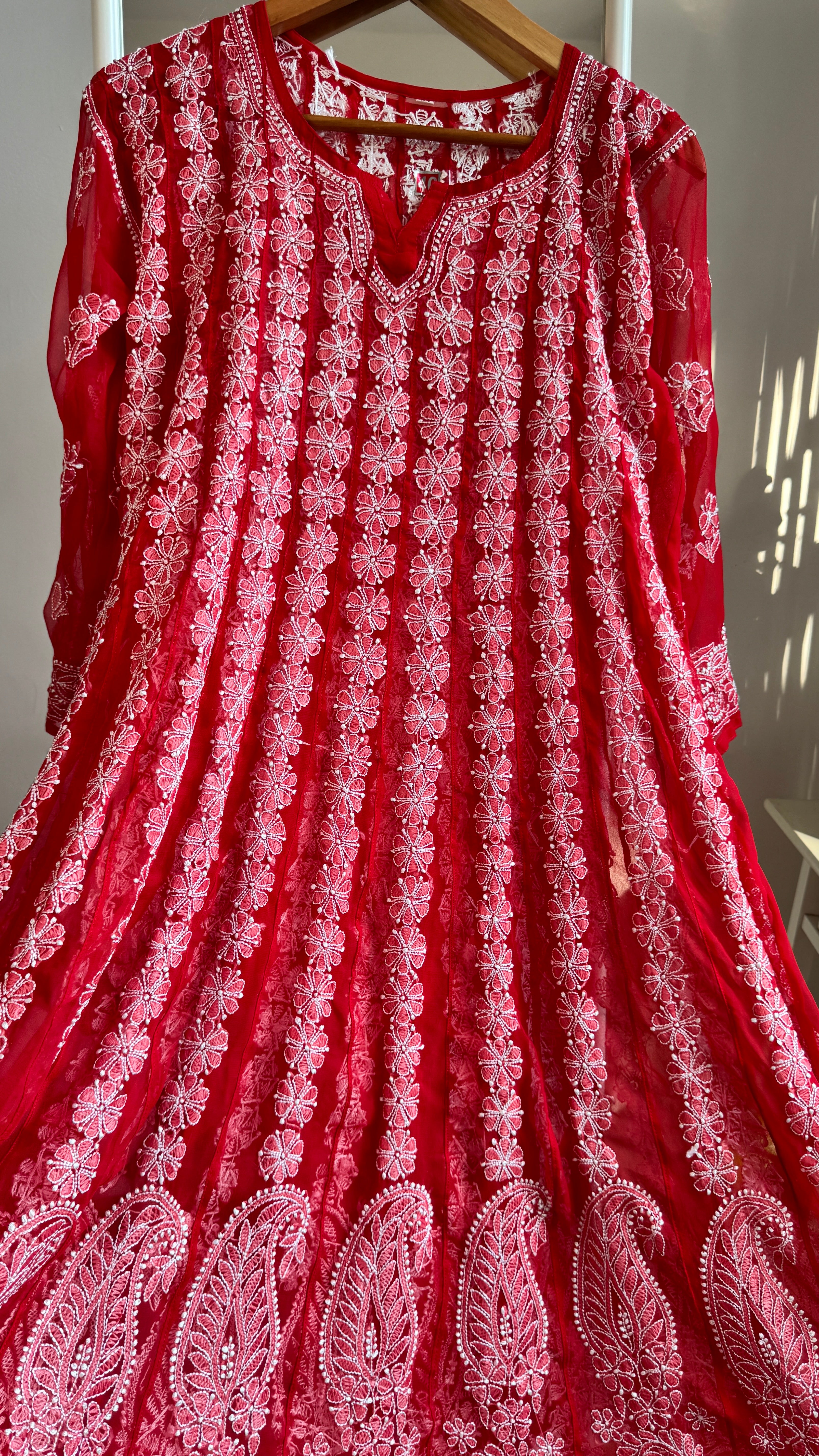 Georgette Chikankari Anarkali - Red