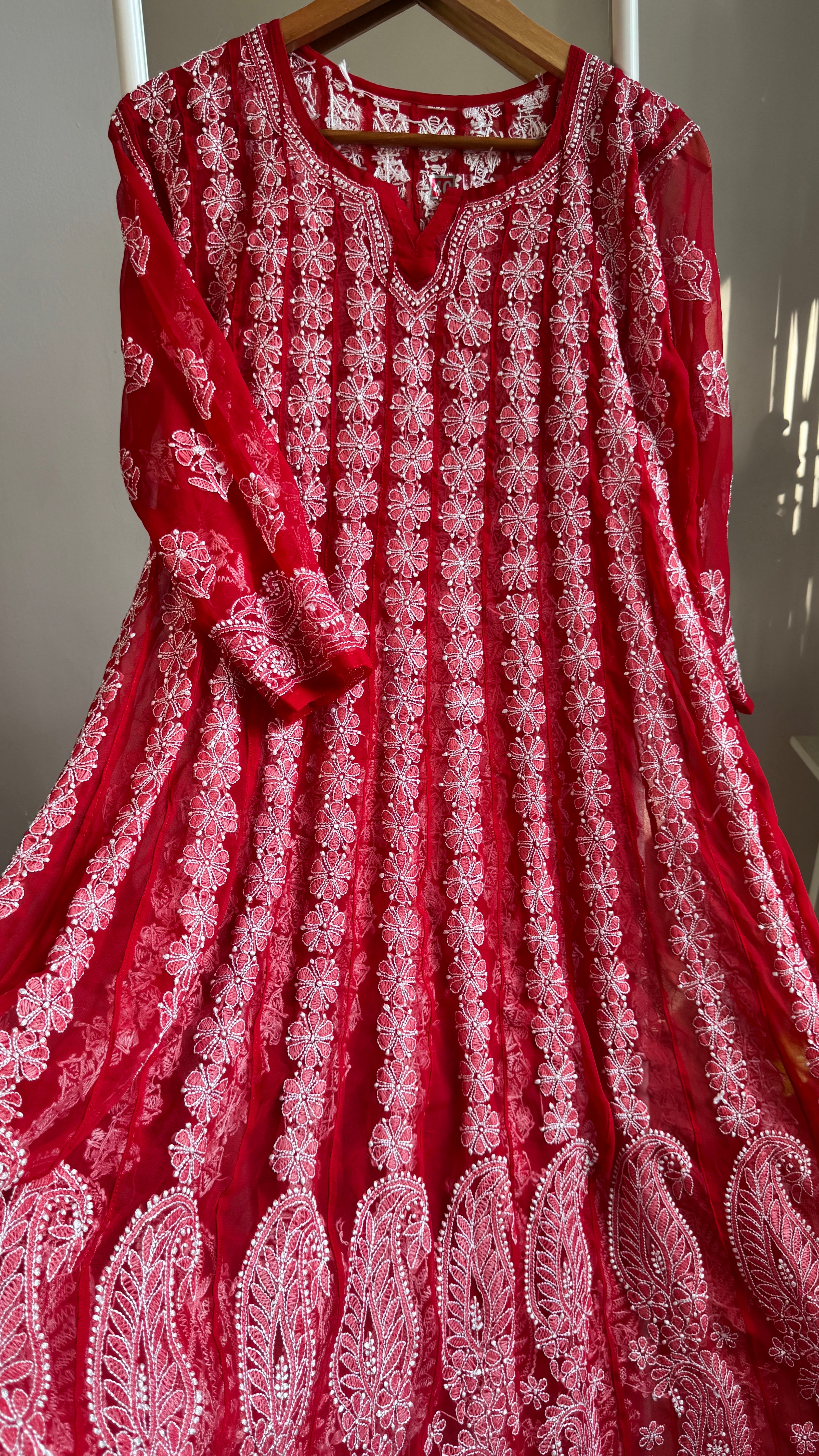 Georgette Chikankari Anarkali - Red
