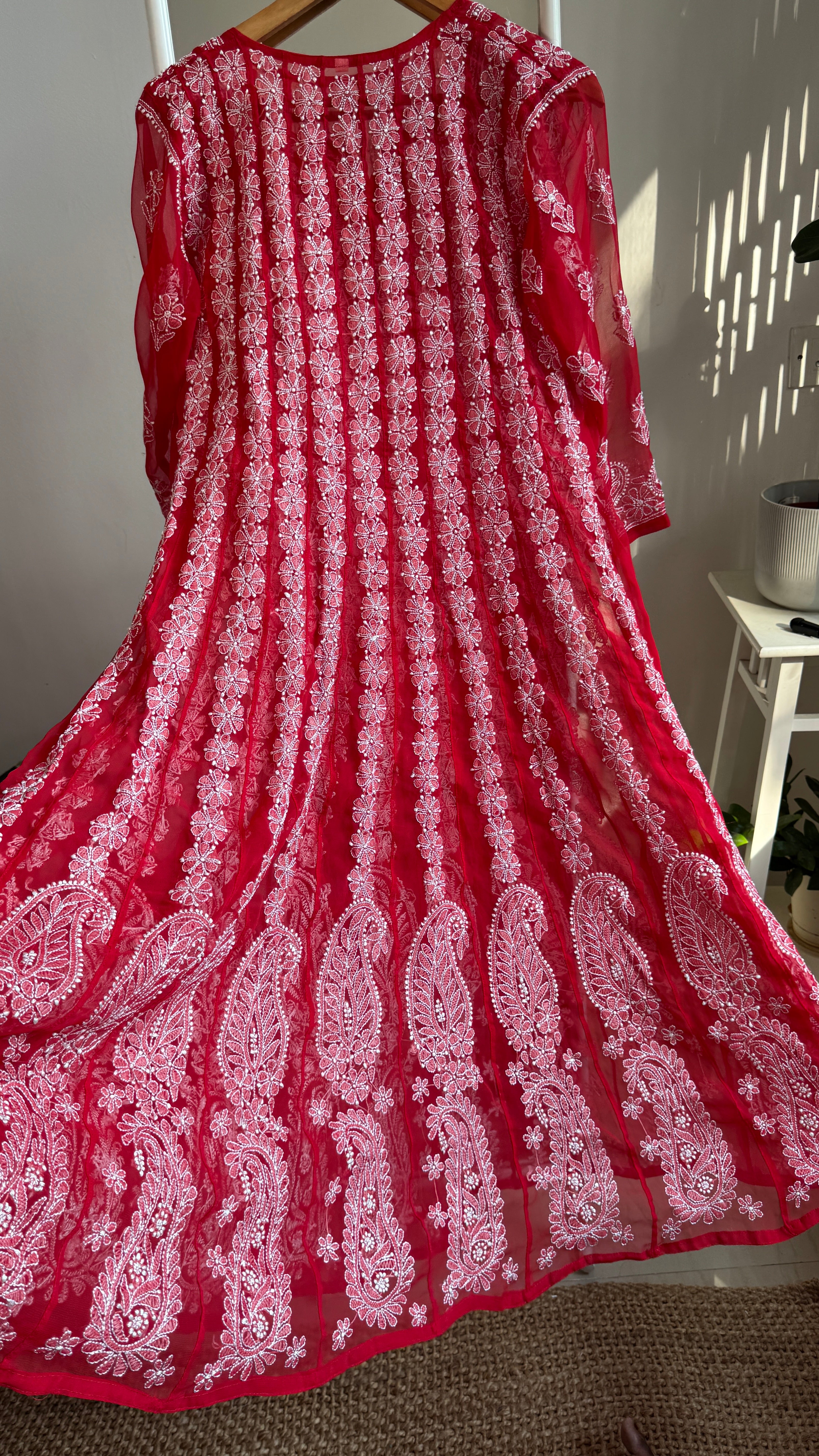 Georgette Chikankari Anarkali - Red