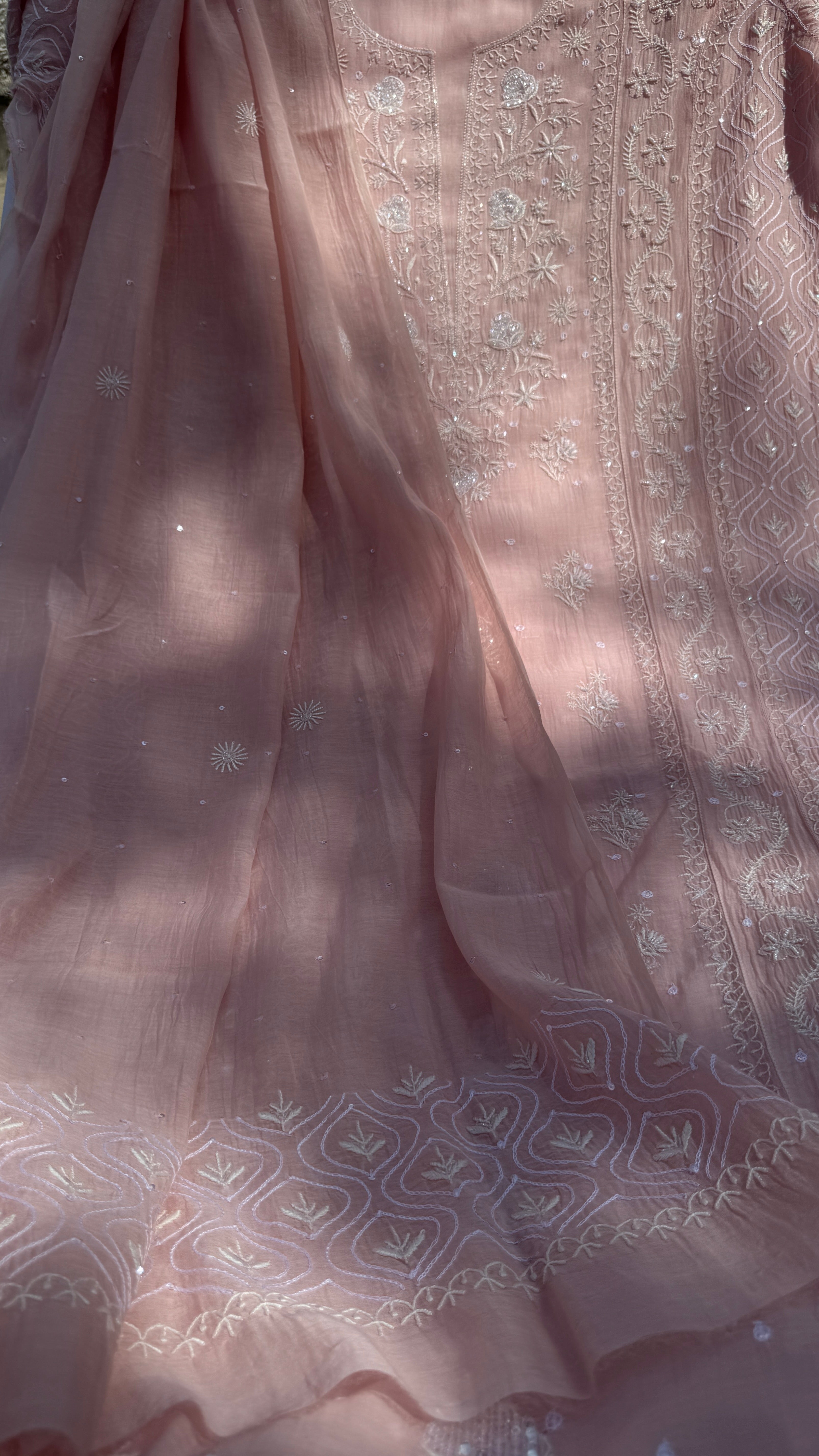 Mul Chanderi Chikankari - Unstitched Set - Pale Pink