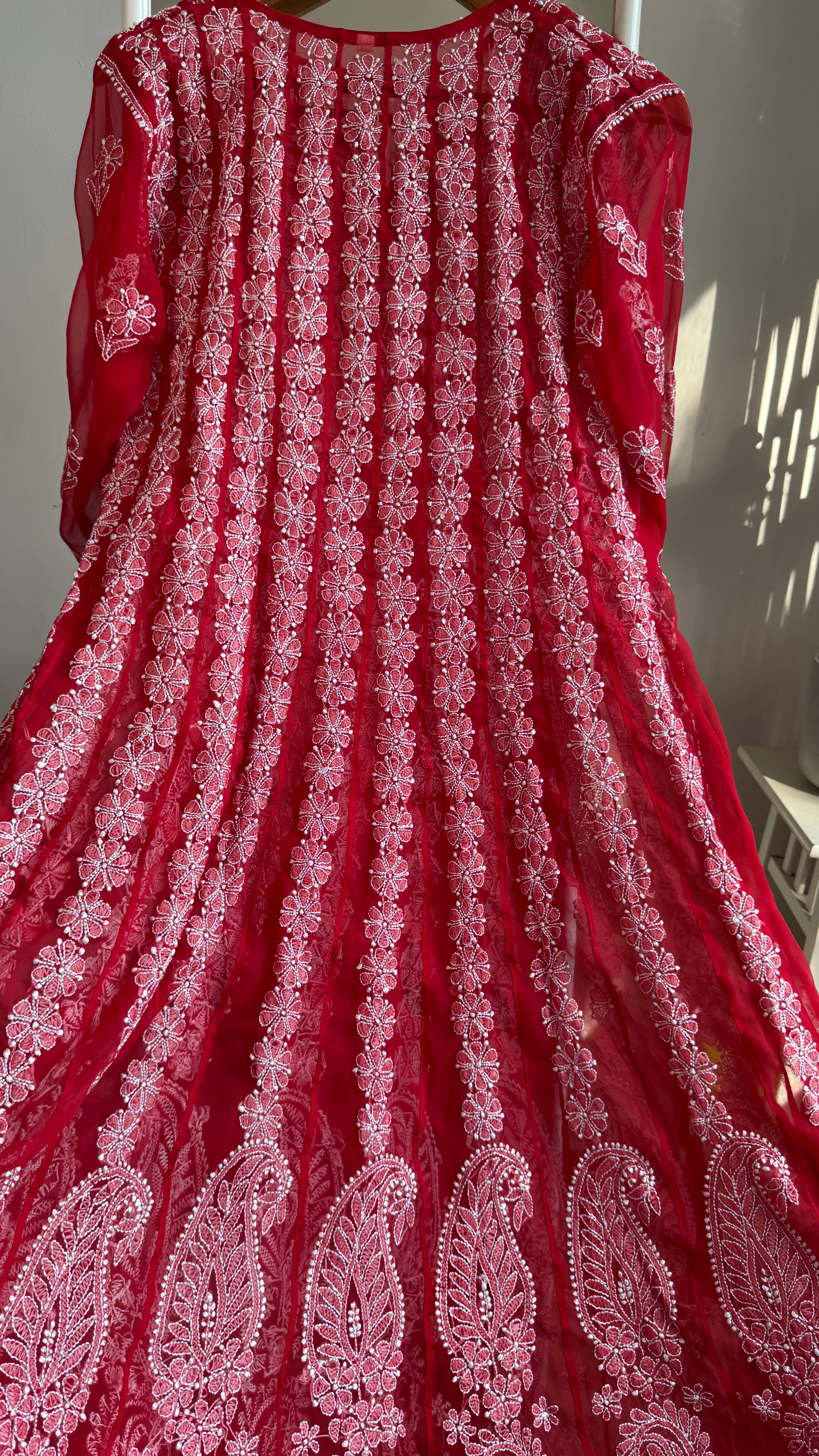 Georgette Chikankari Anarkali - Red