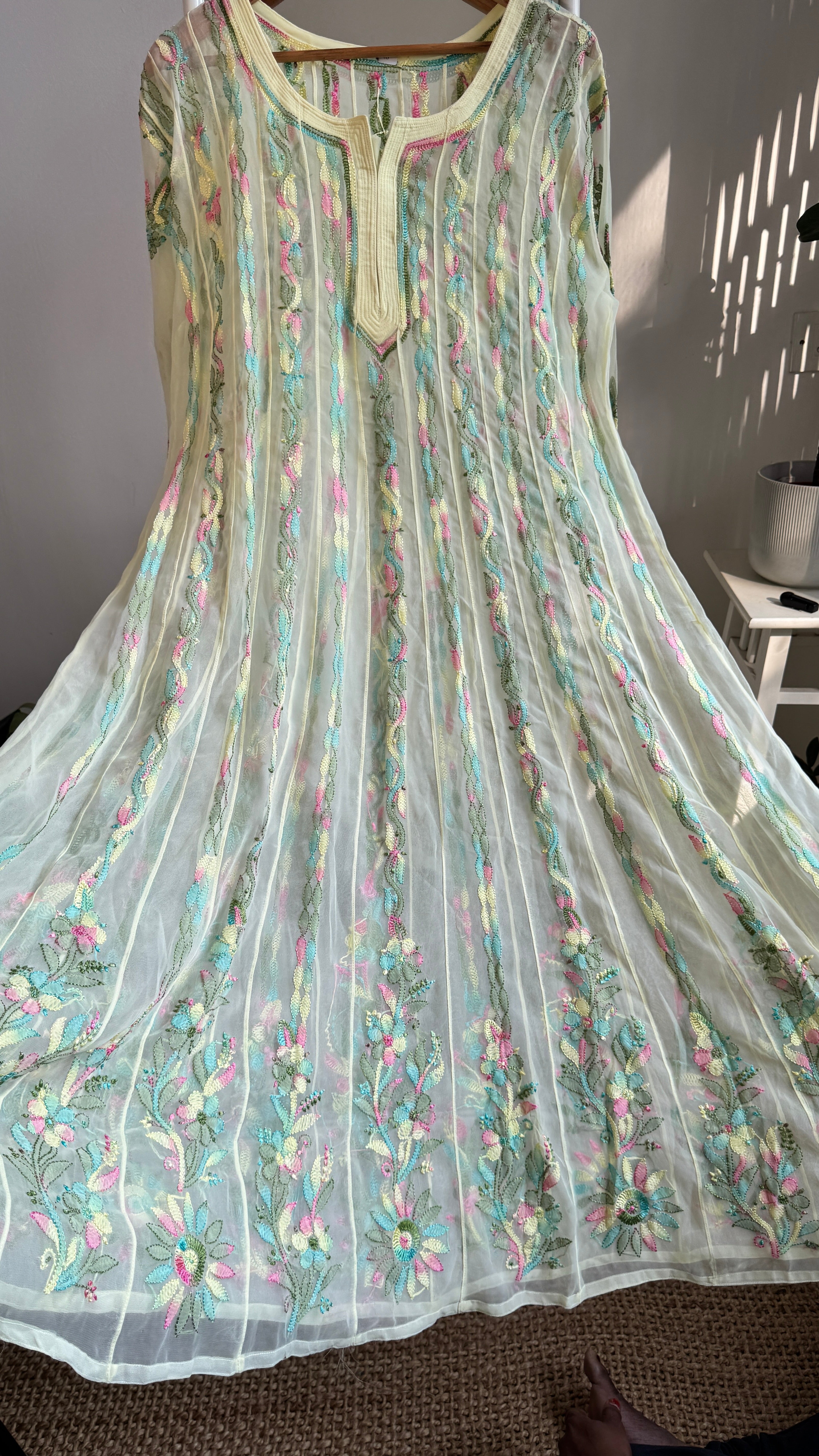 Georgette Chikankari Anarkali - Lemon Yellow