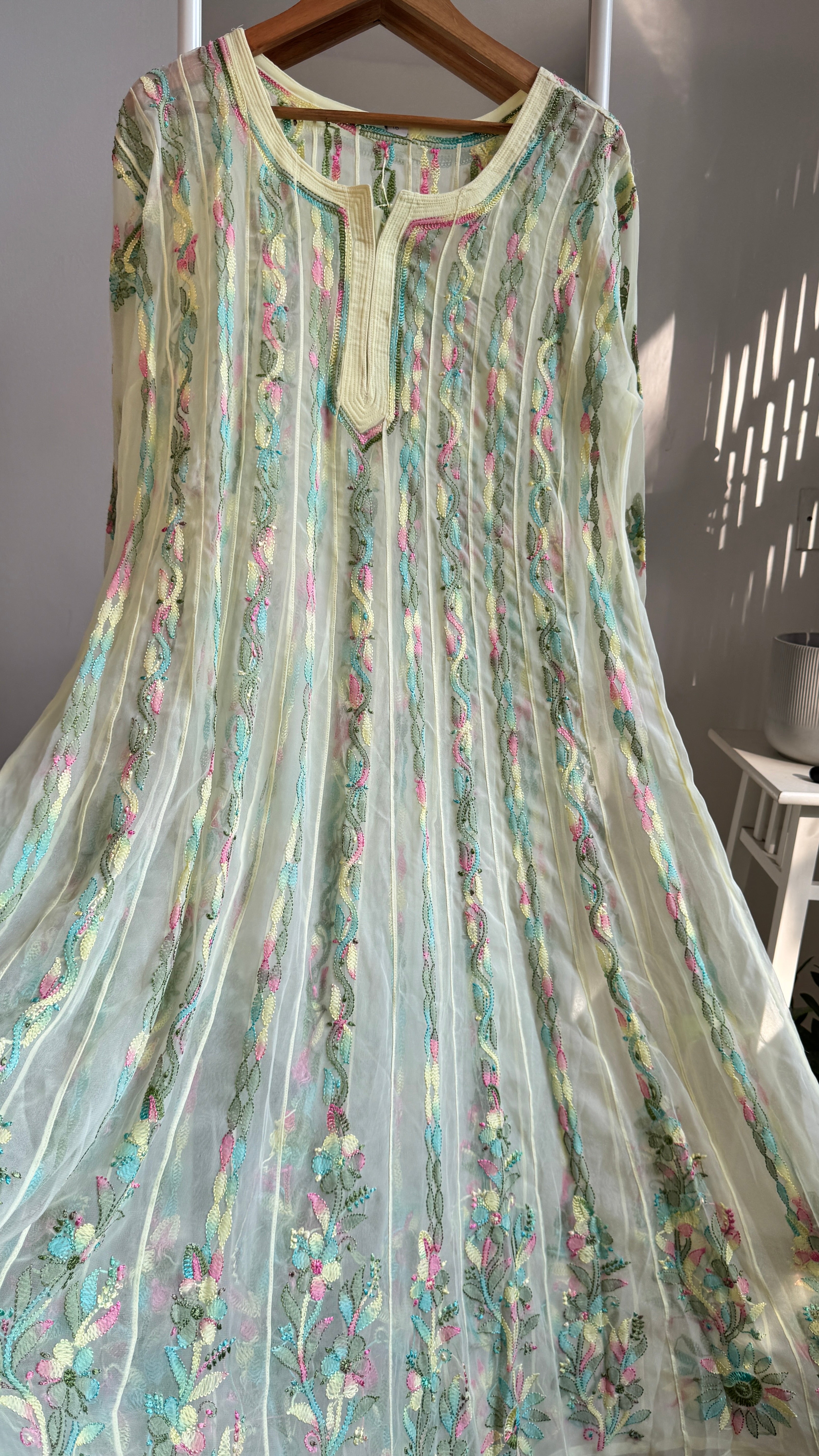 Georgette Chikankari Anarkali - Lemon Yellow