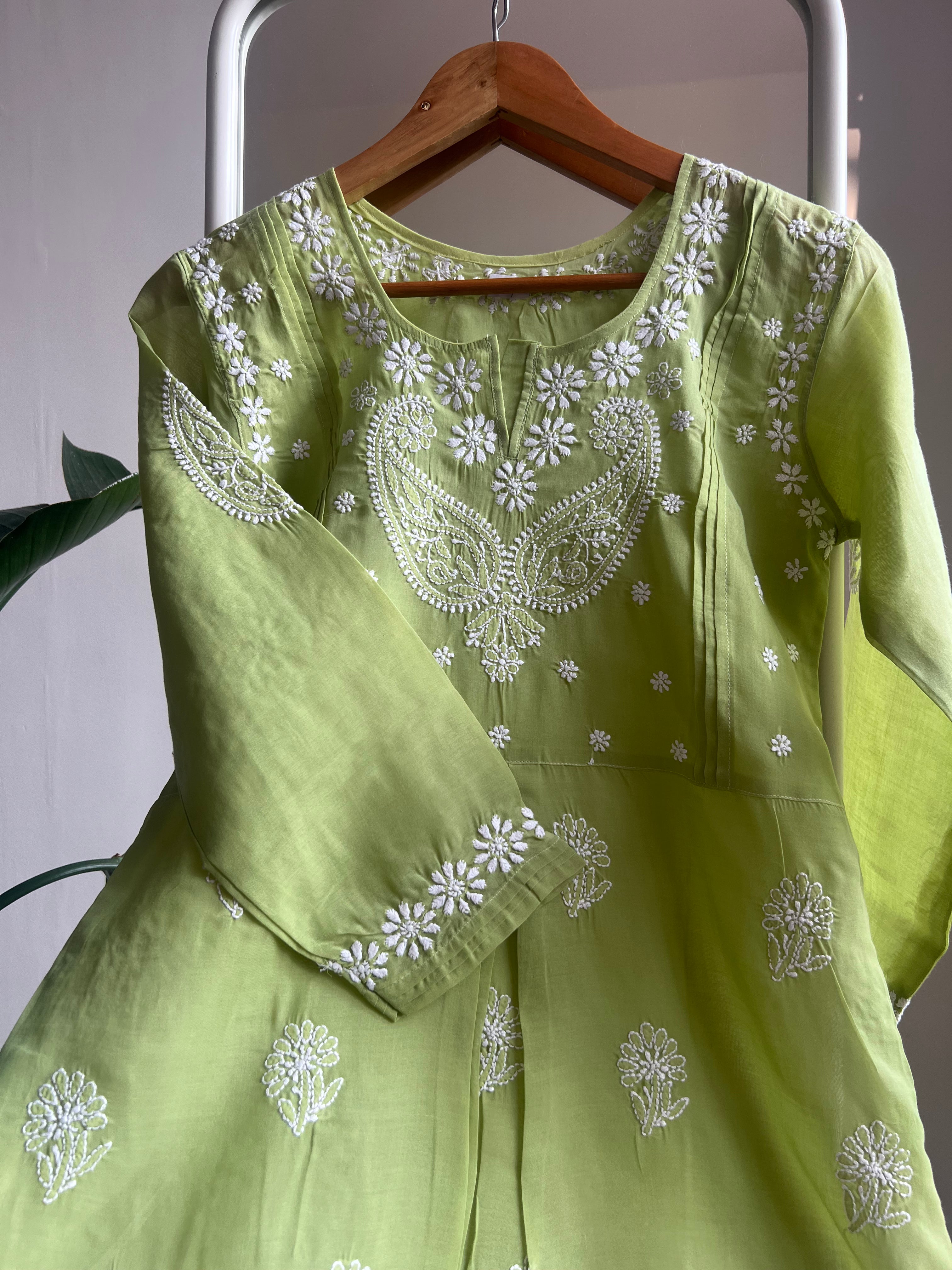 Voile Cotton Chikankari Full sleeves short Top - Sheen Green ARIAA CHIKANKARI 