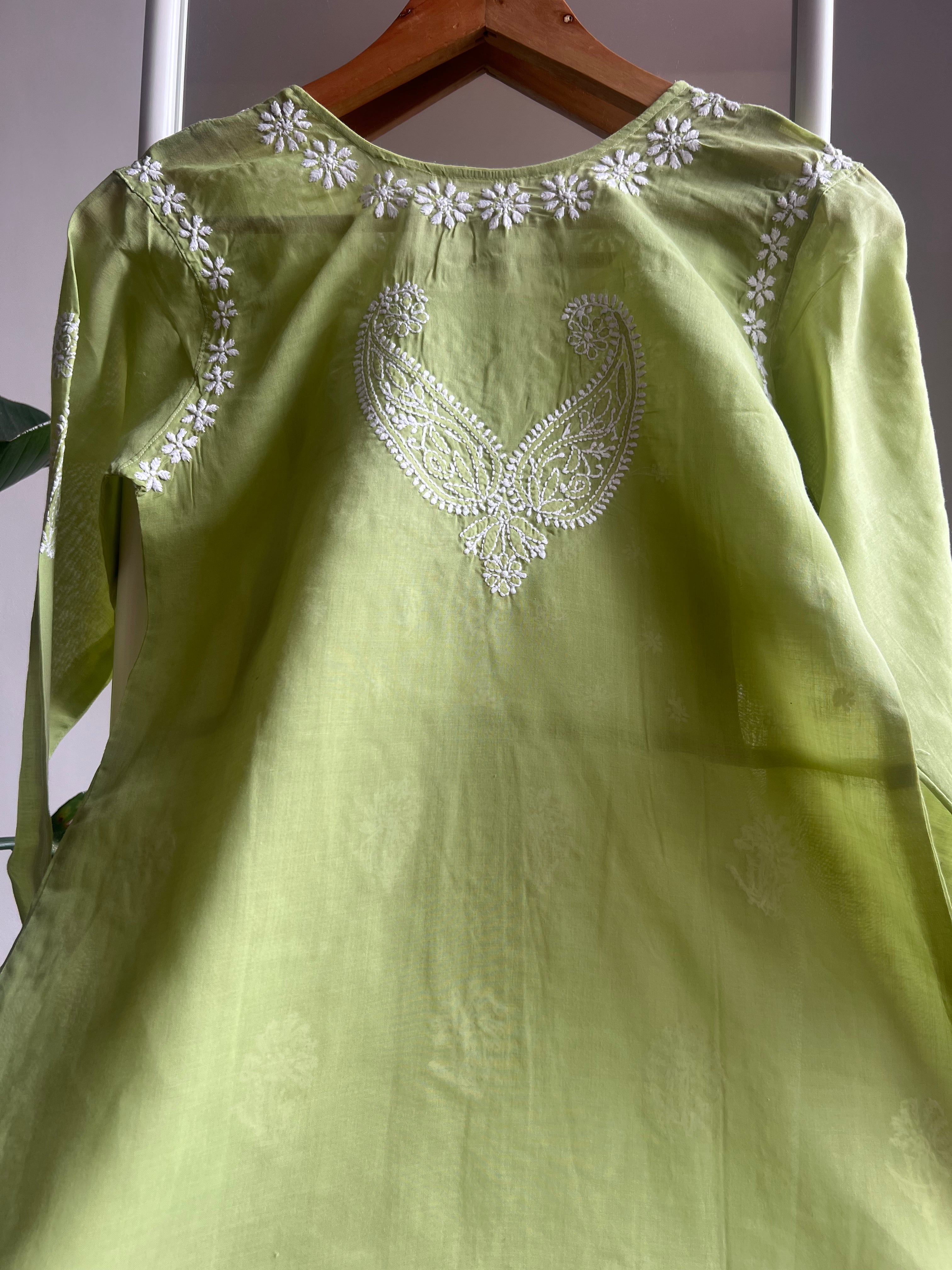 Voile Cotton Chikankari Full sleeves short Top - Sheen Green ARIAA CHIKANKARI 