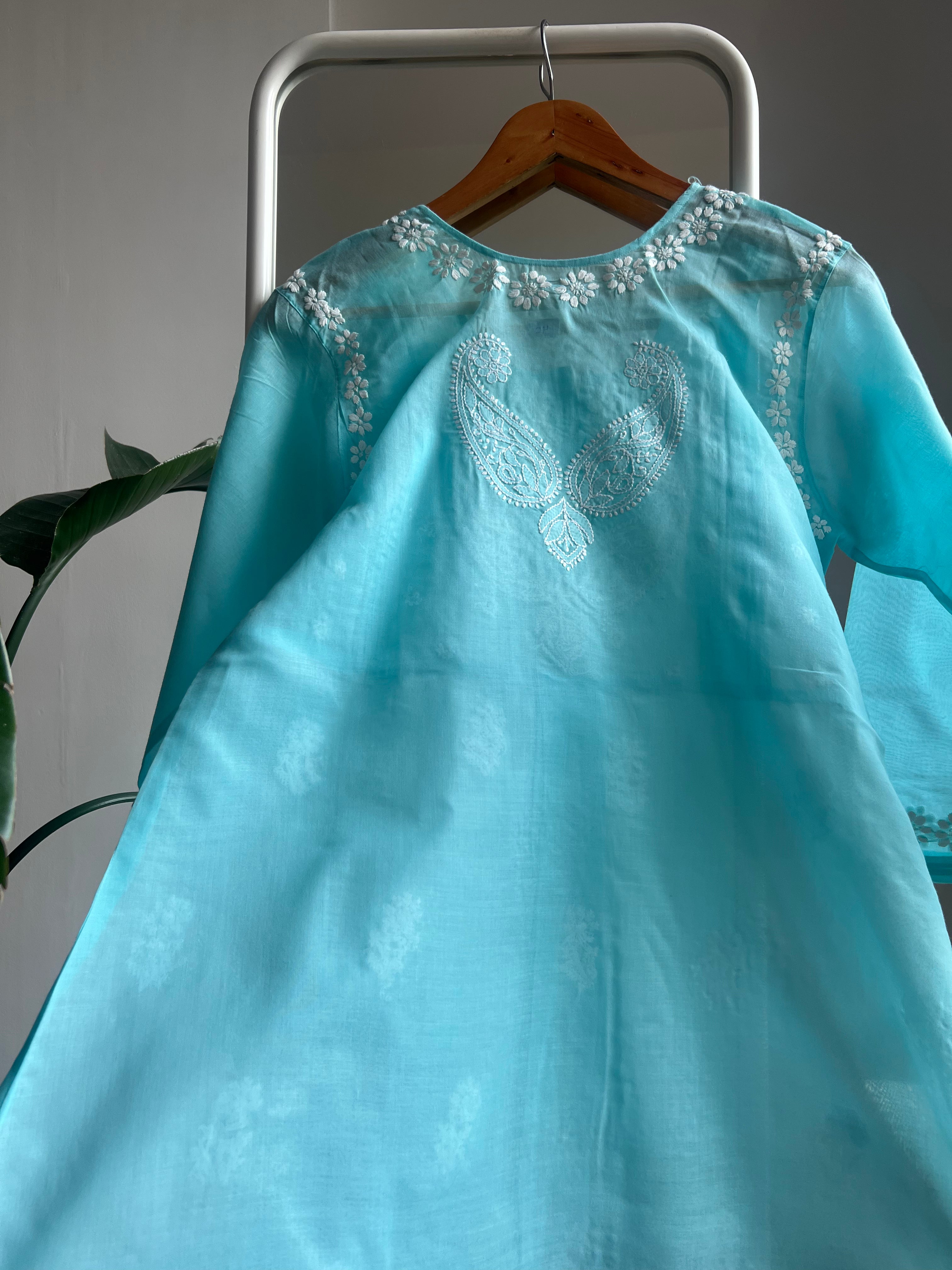 Voile Cotton Chikankari Full sleeves short Top - Blue ARIAA CHIKANKARI 