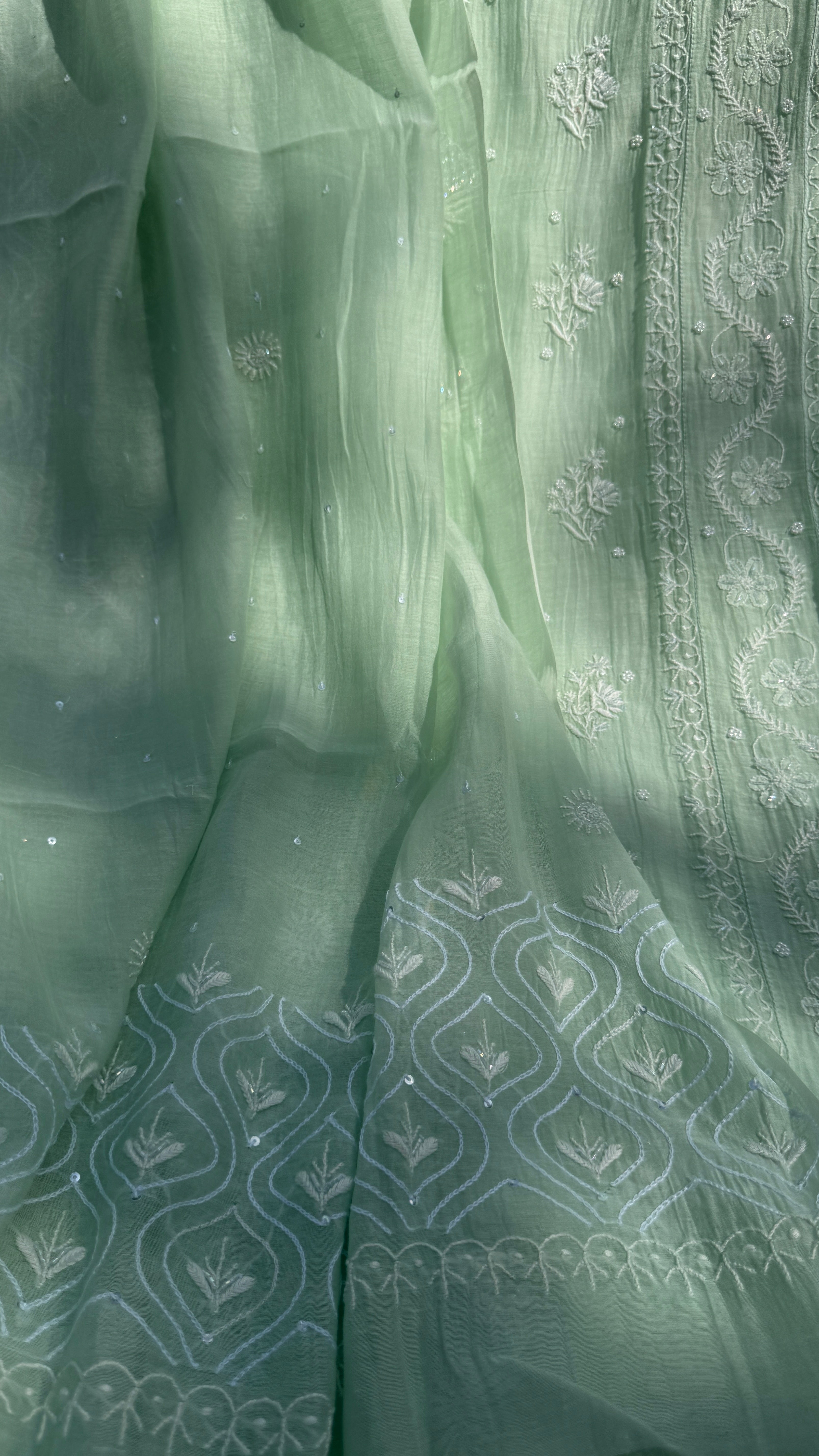 Mul Chanderi Chikankari - Unstitched Set - Green