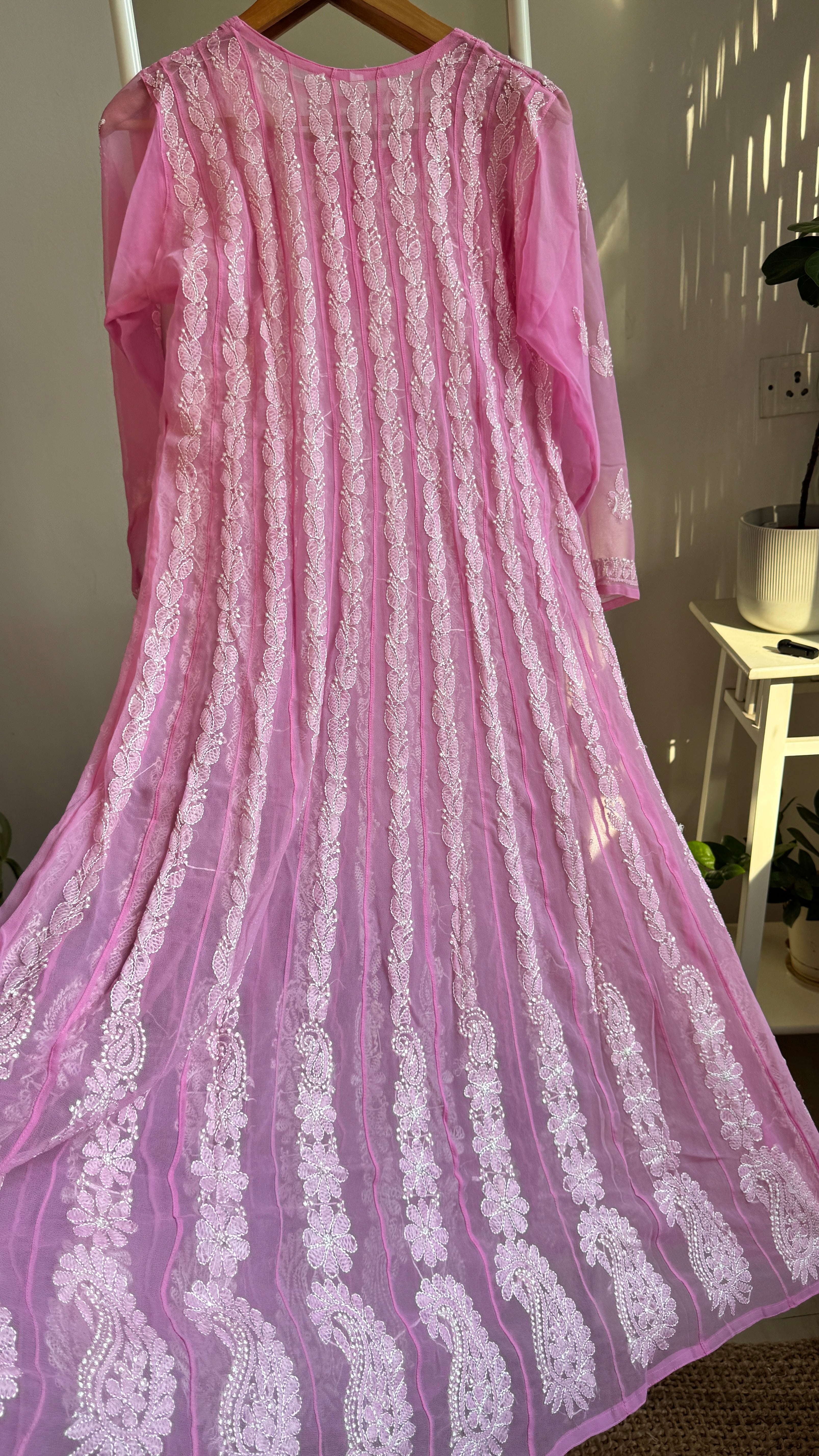 Georgette Chikankari Anarkali - Pink