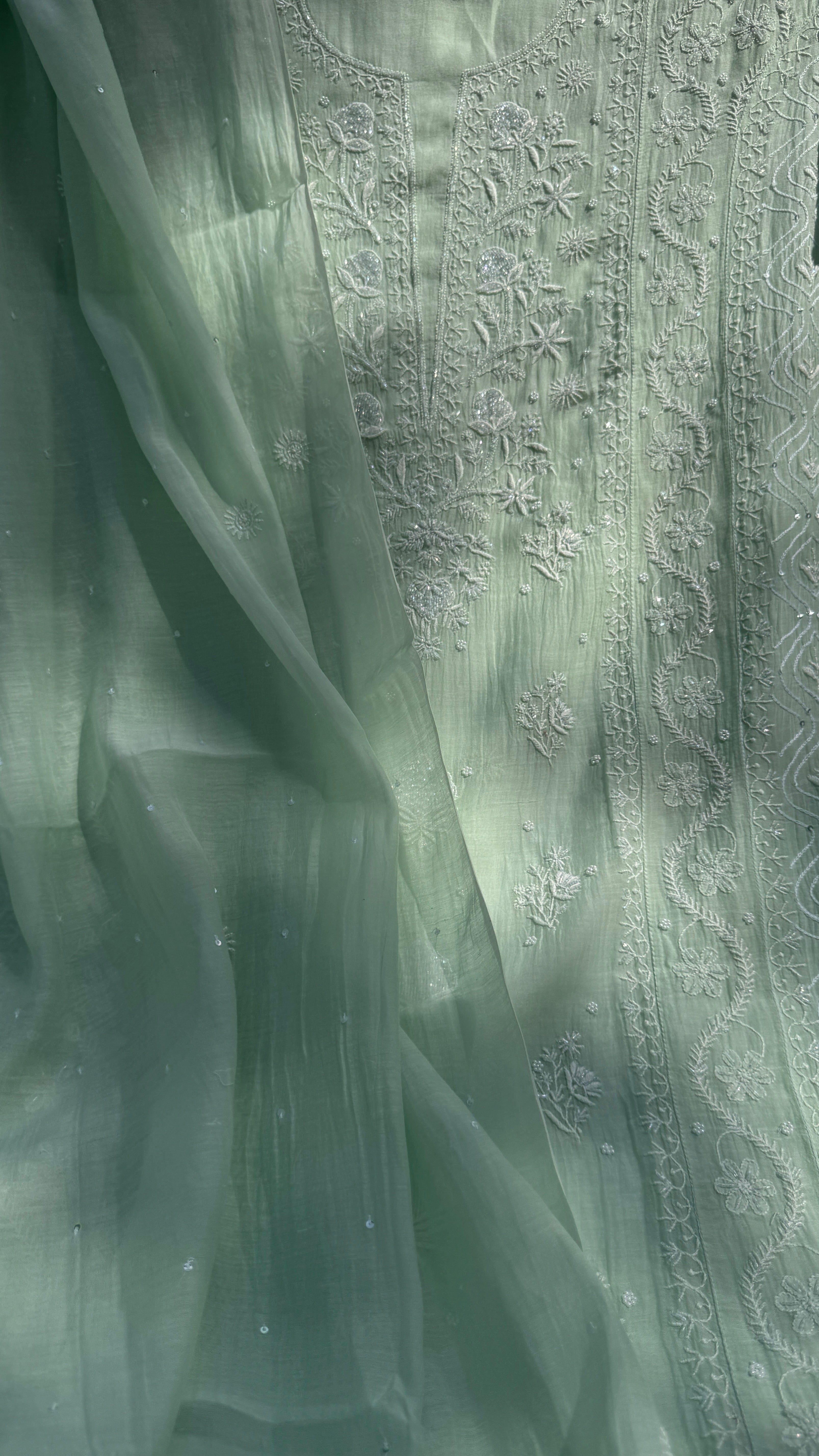 Mul Chanderi Chikankari - Unstitched Set - Green