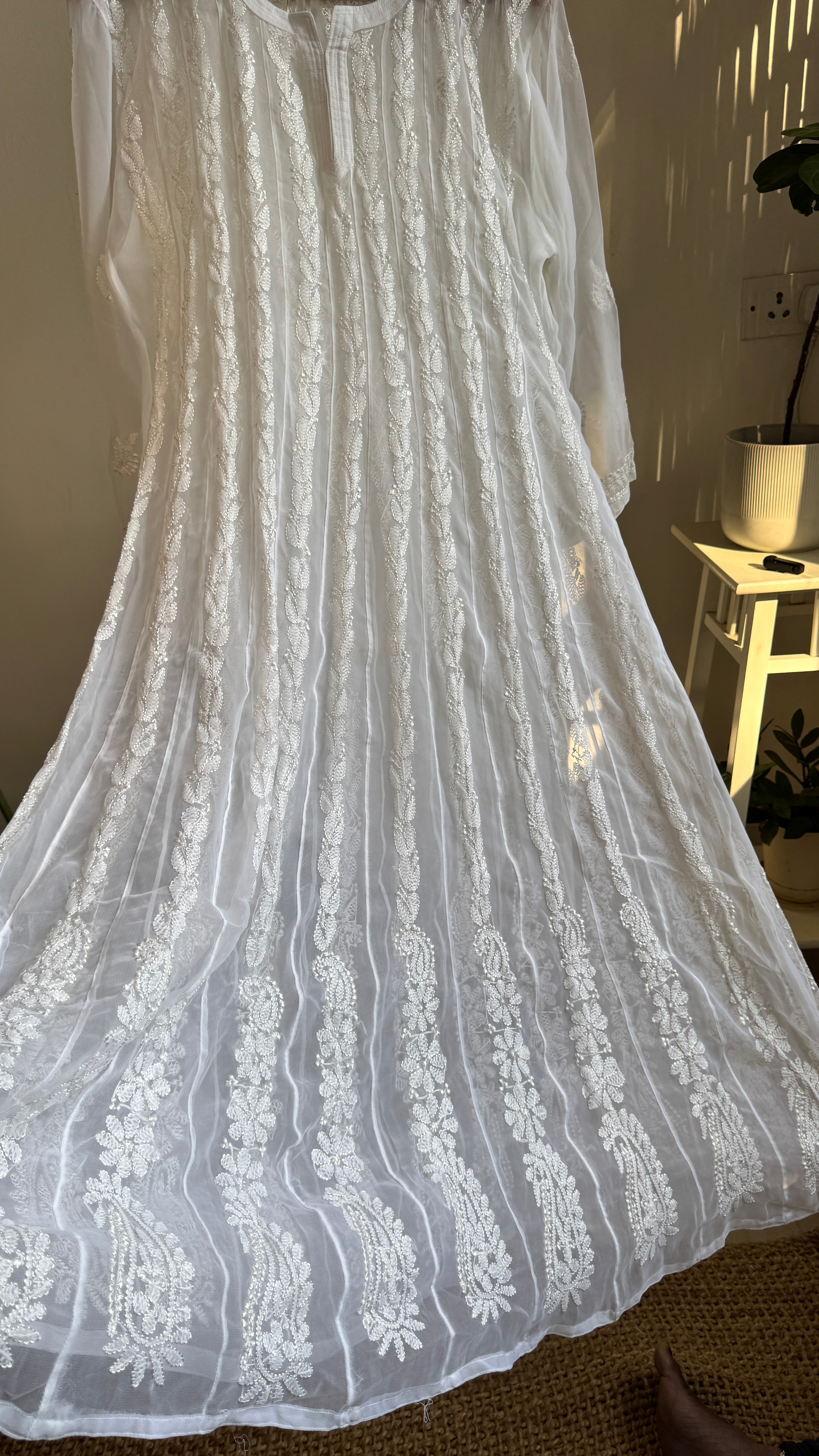 Georgette Chikankari Anarkali - White