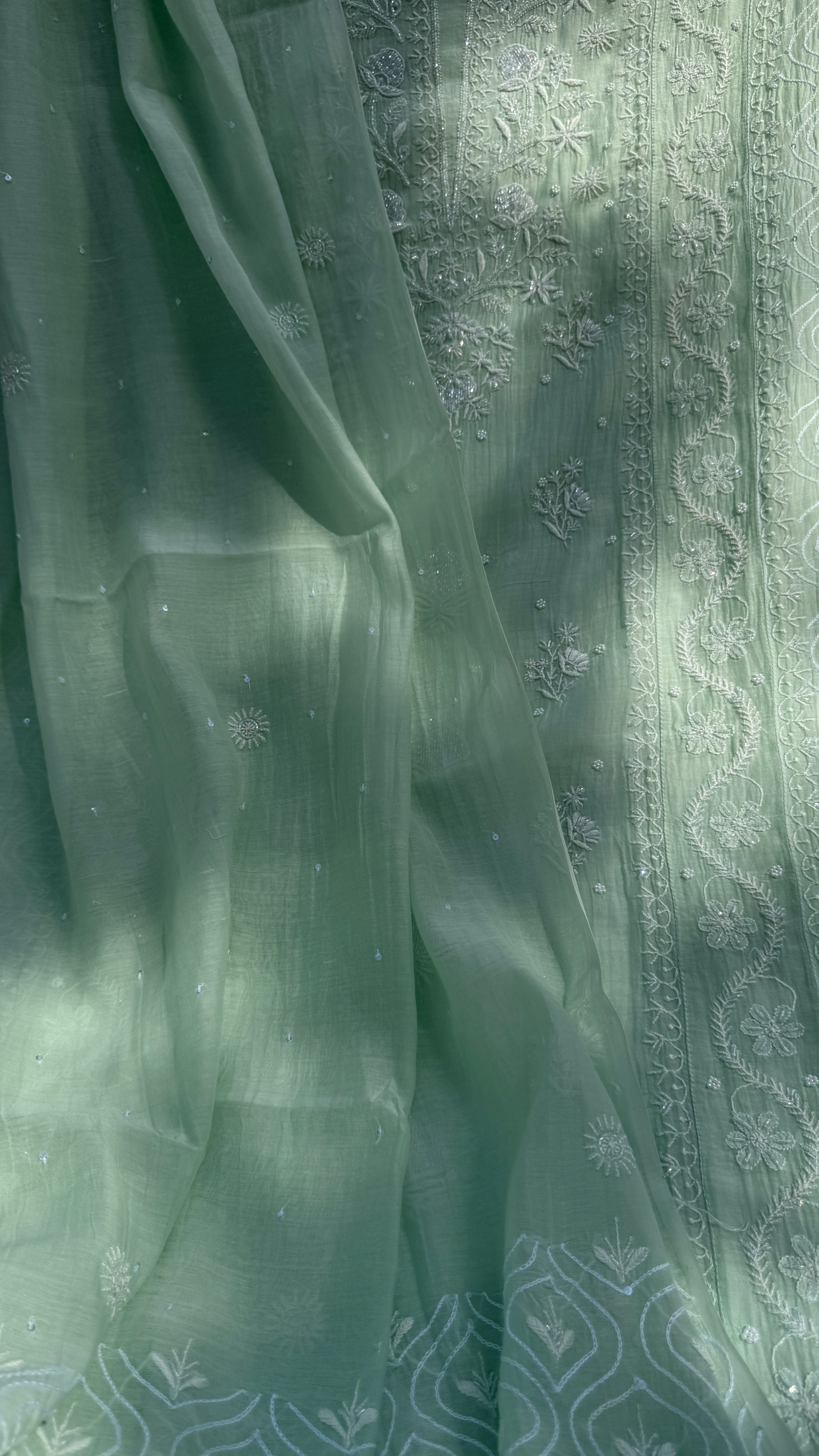 Mul Chanderi Chikankari - Unstitched Set - Green