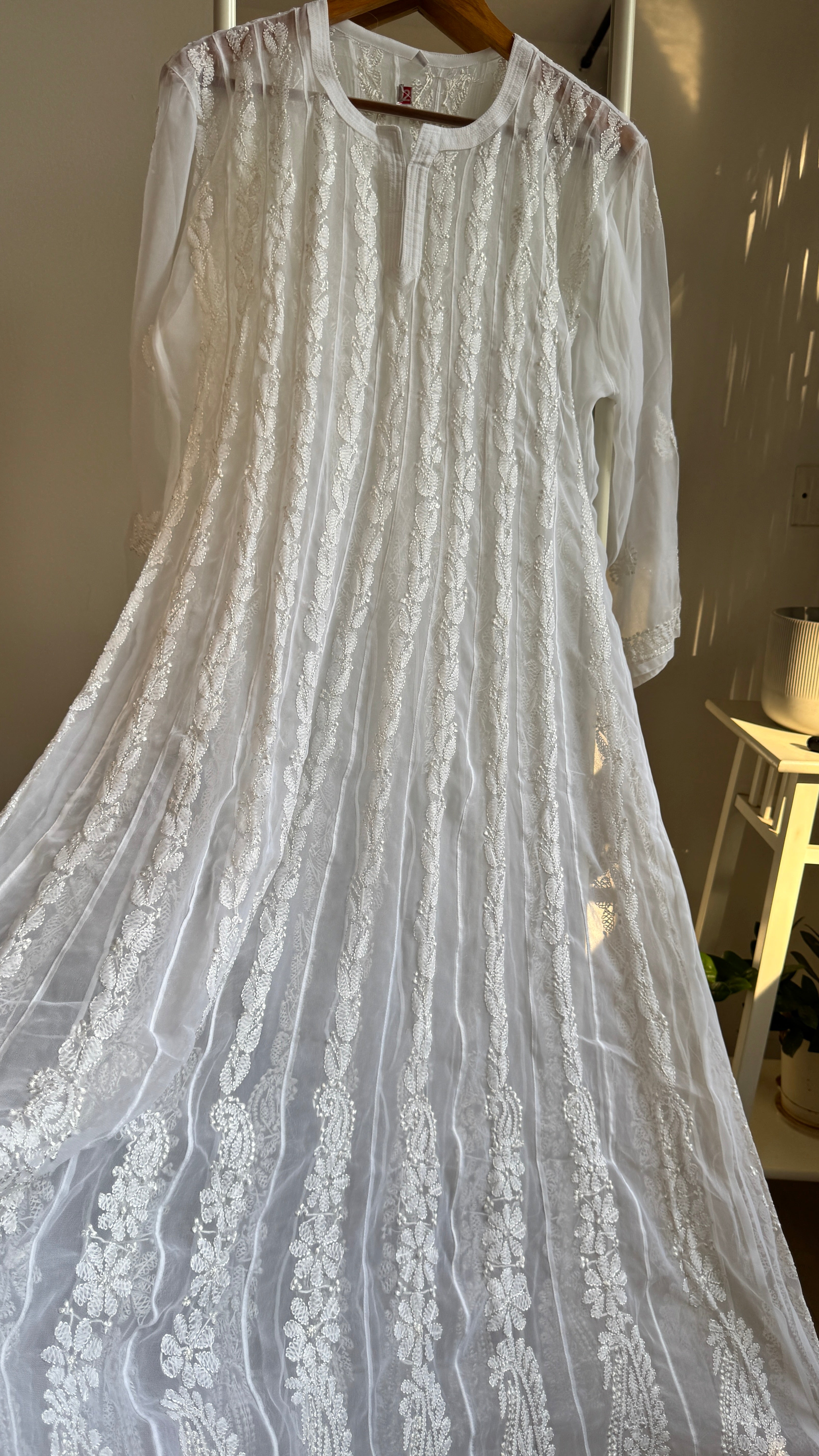 Georgette Chikankari Anarkali - White