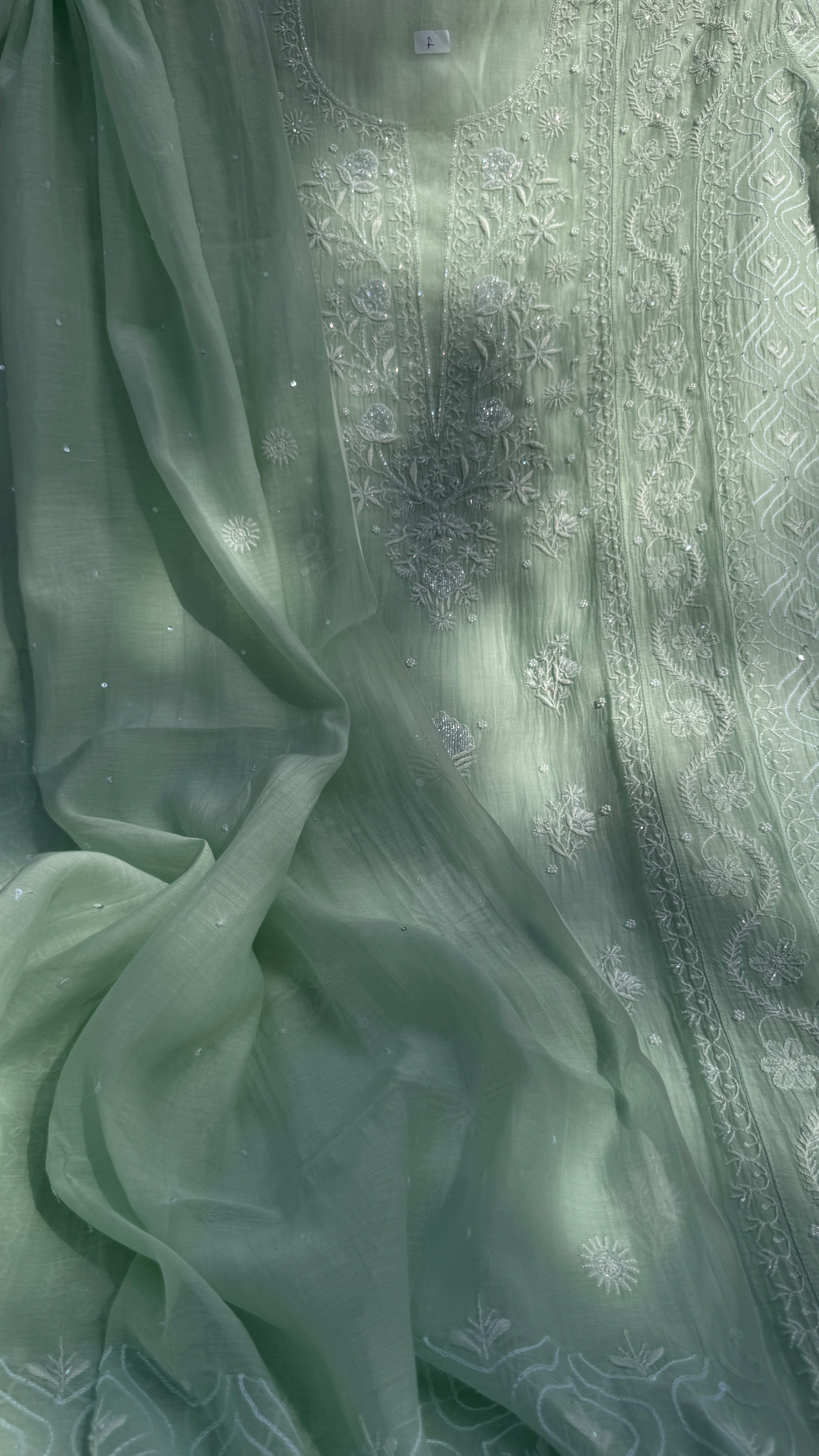 Mul Chanderi Chikankari - Unstitched Set - Green