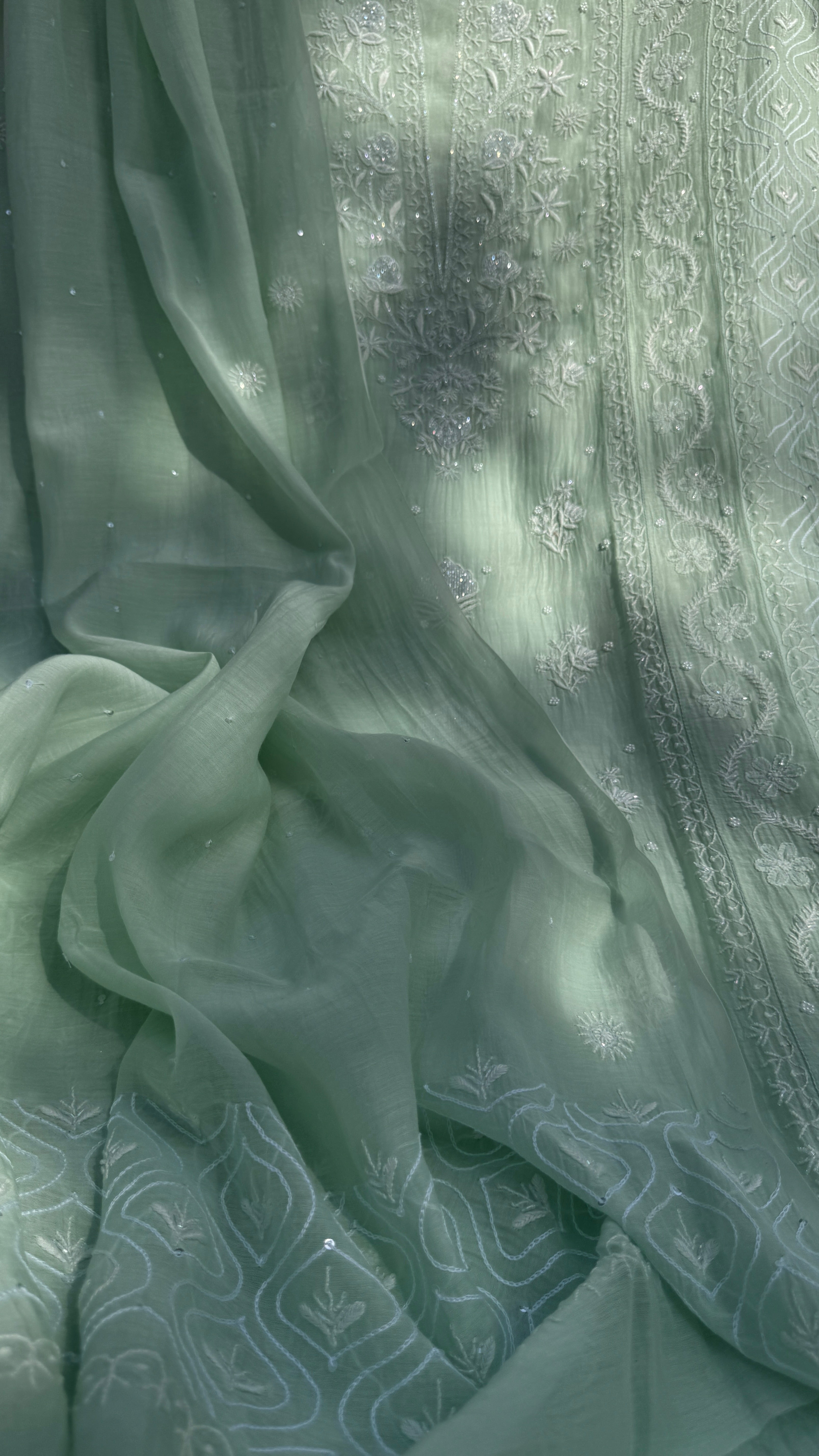 Mul Chanderi Chikankari - Unstitched Set - Green