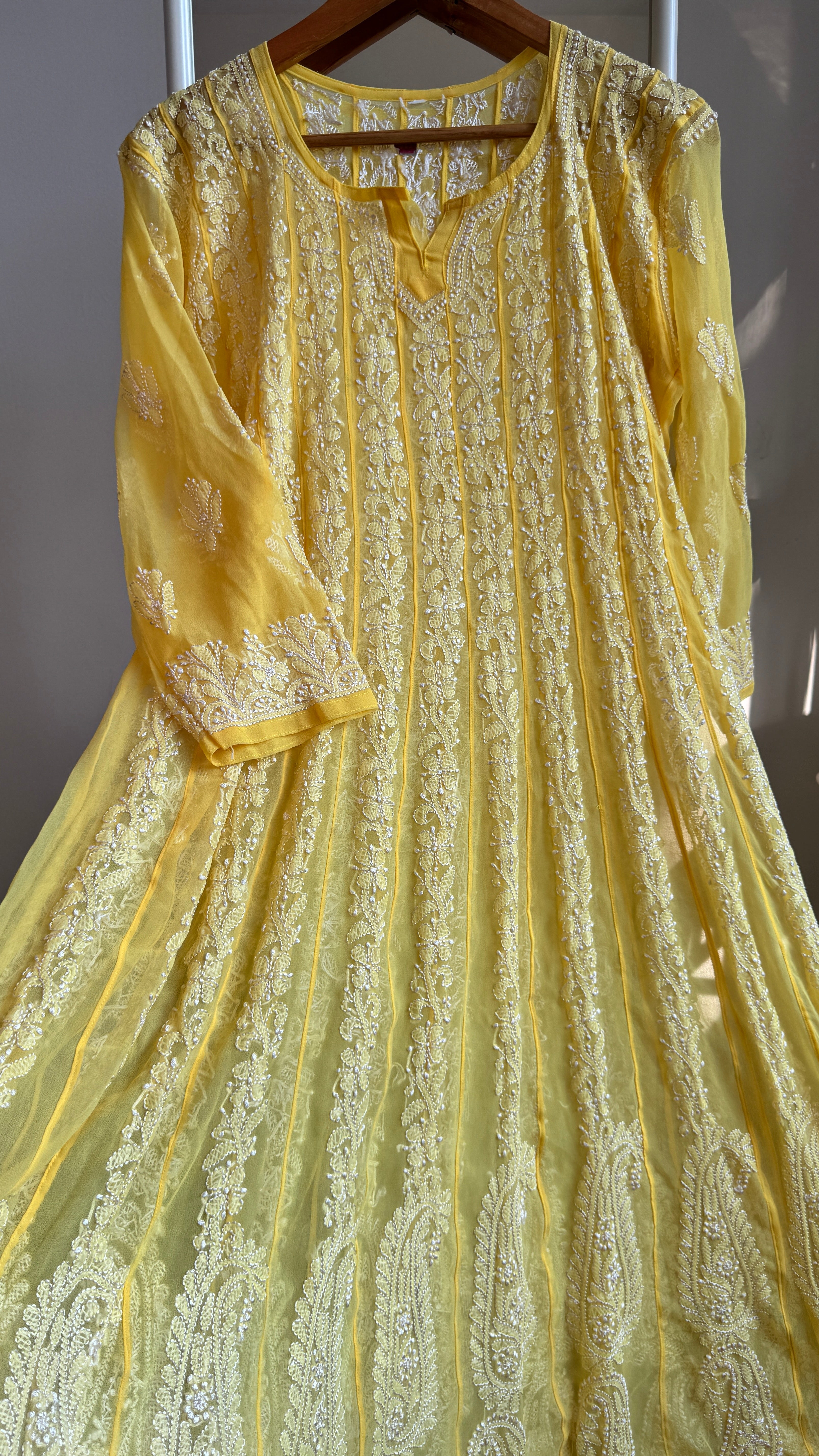 Georgette Chikankari Anarkali - Yellow