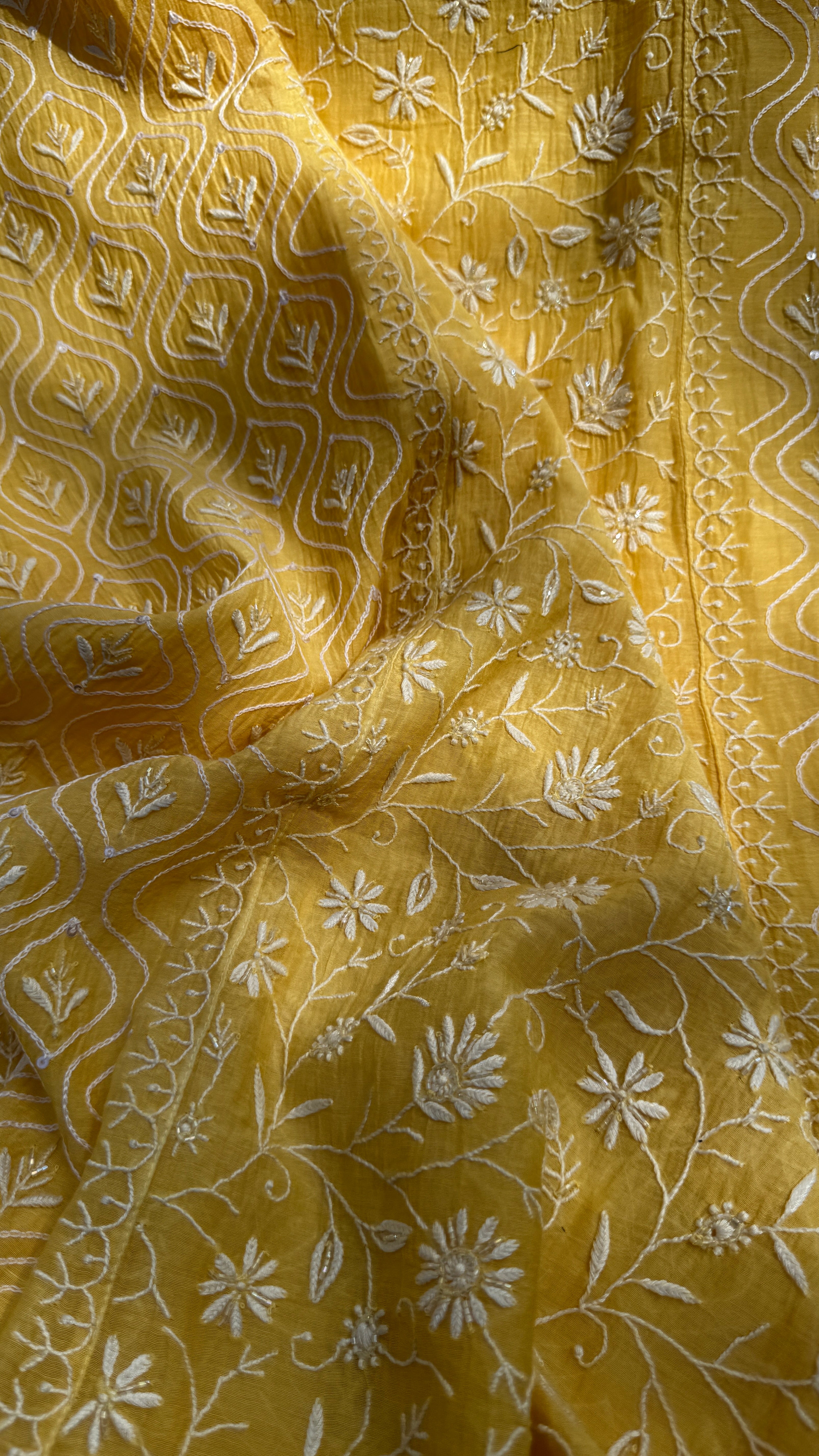 Mul Chanderi Chikankari - Unstitched Set - Yellow