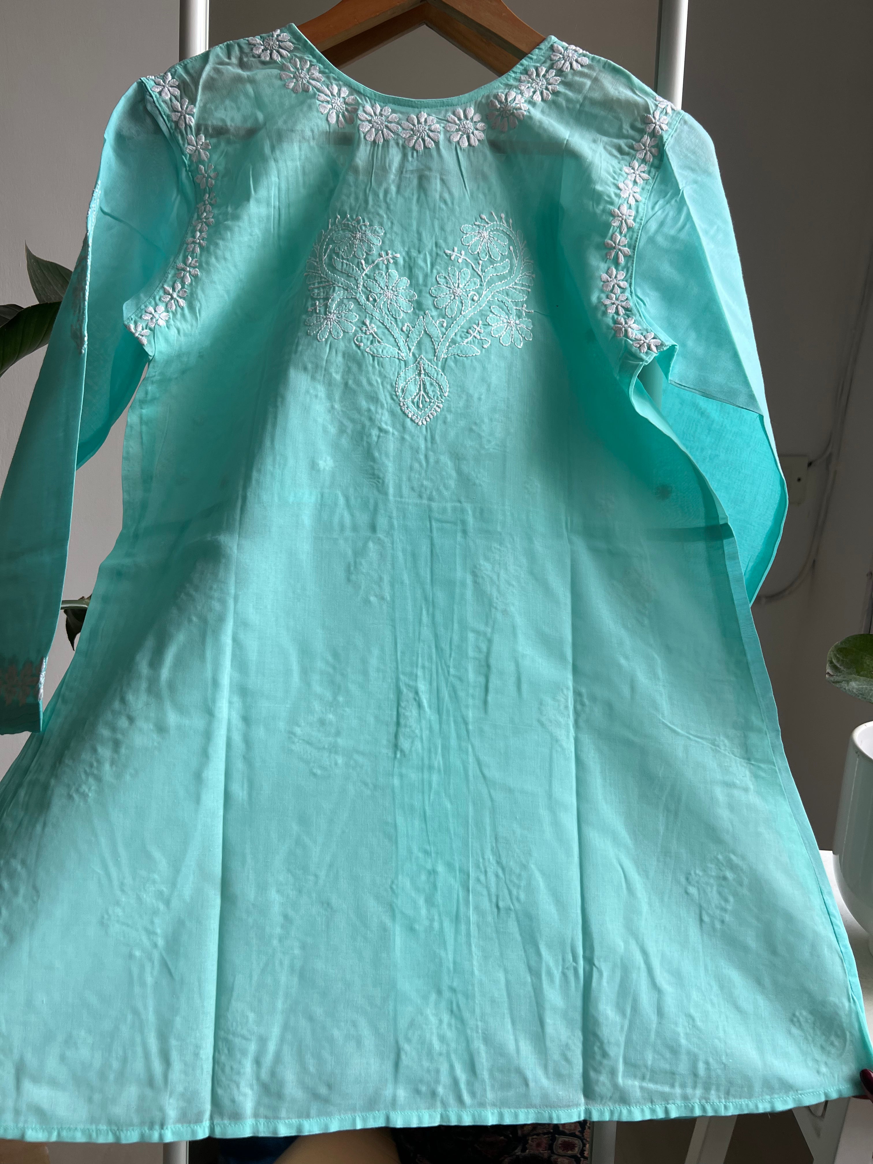 Voile Cotton Chikankari Full sleeves short Top - Cyan Green ARIAA CHIKANKARI 