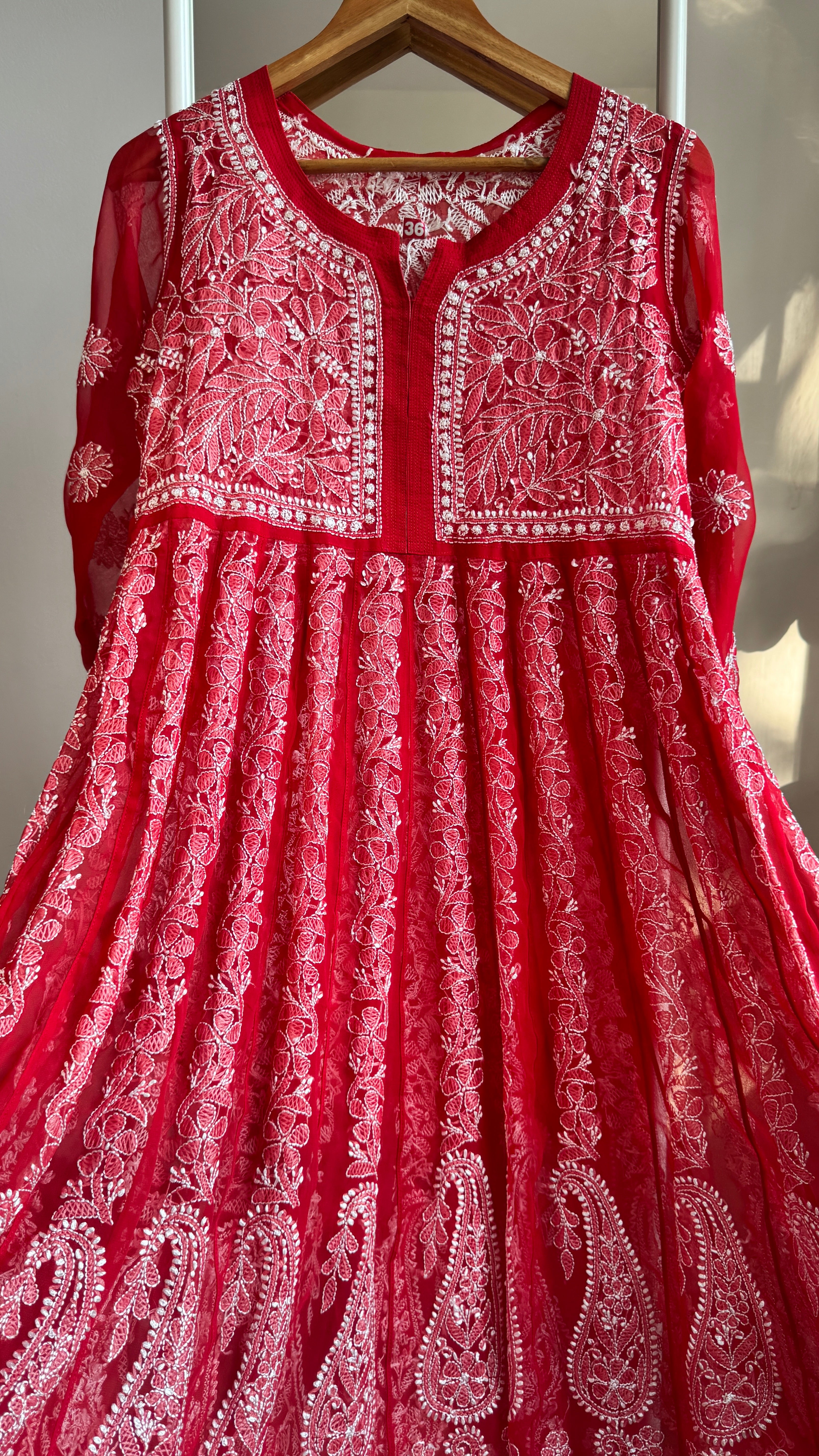 Georgette Chikankari Anarkali - Red