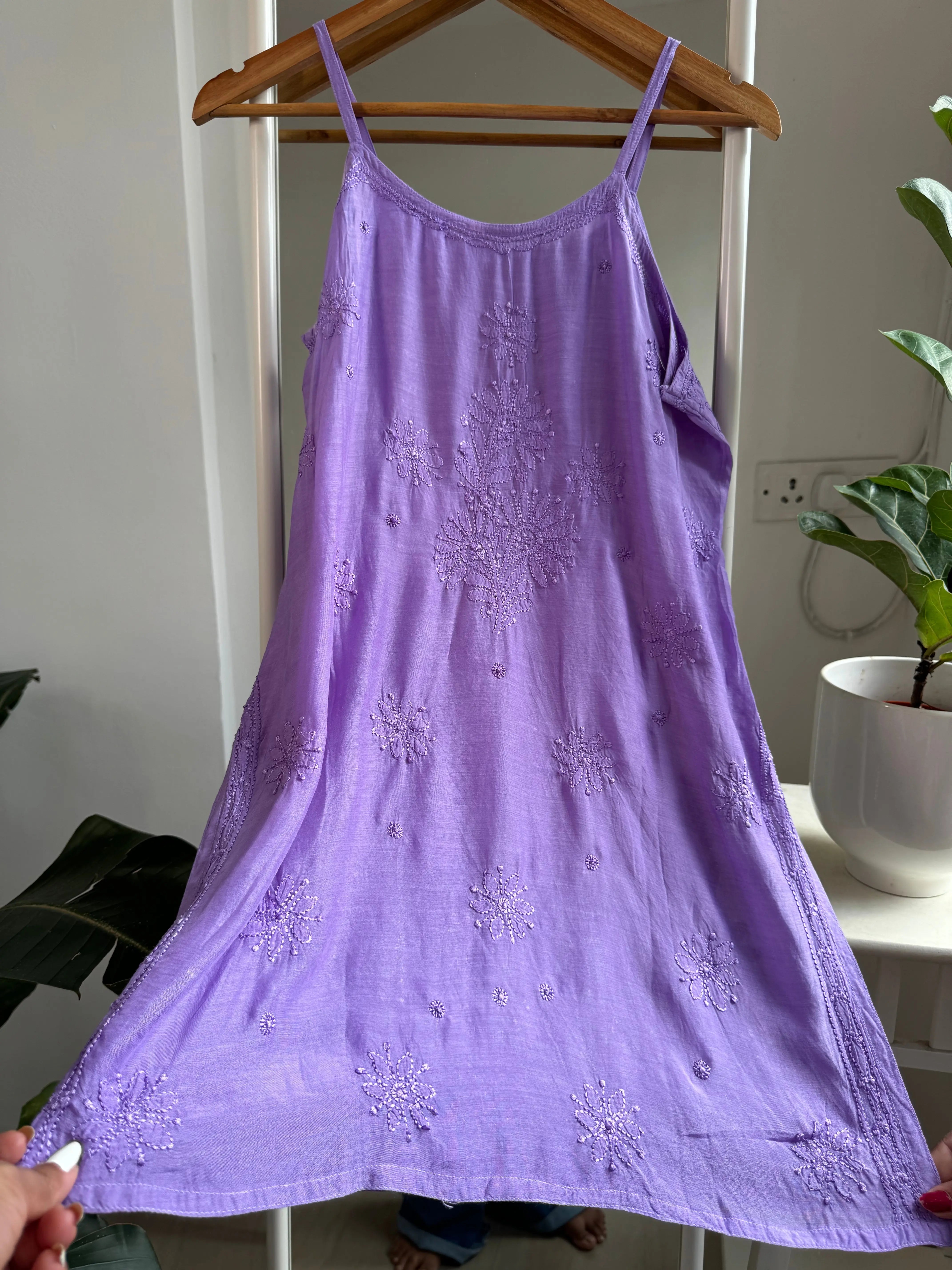 Muslin Chikankari Noodle Strap short Top - Lavander ARIAA CHIKANKARI 