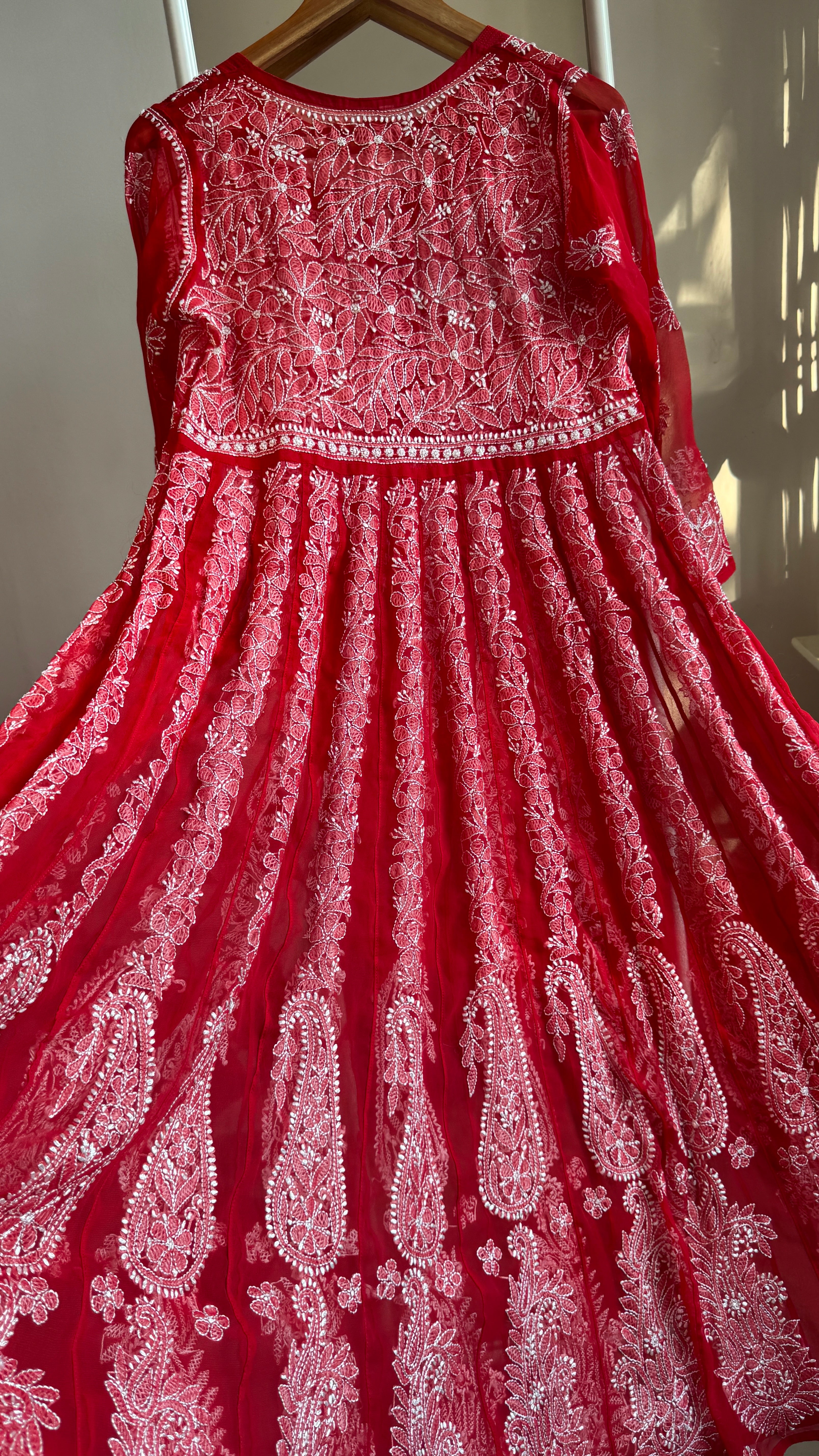Georgette Chikankari Anarkali - Red