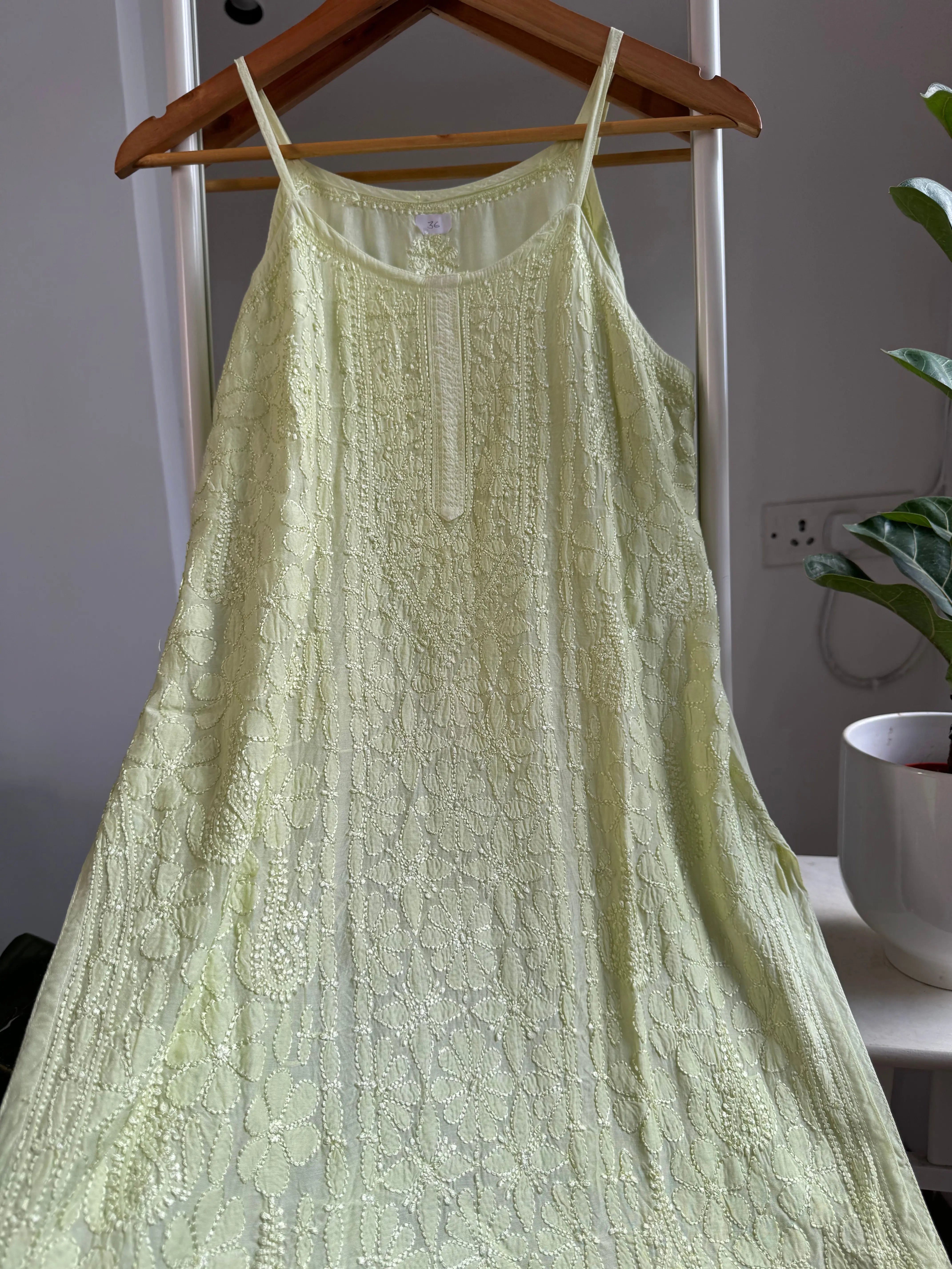 Muslin Chikankari Noodle Strap short Top - Sage Green ARIAA CHIKANKARI 