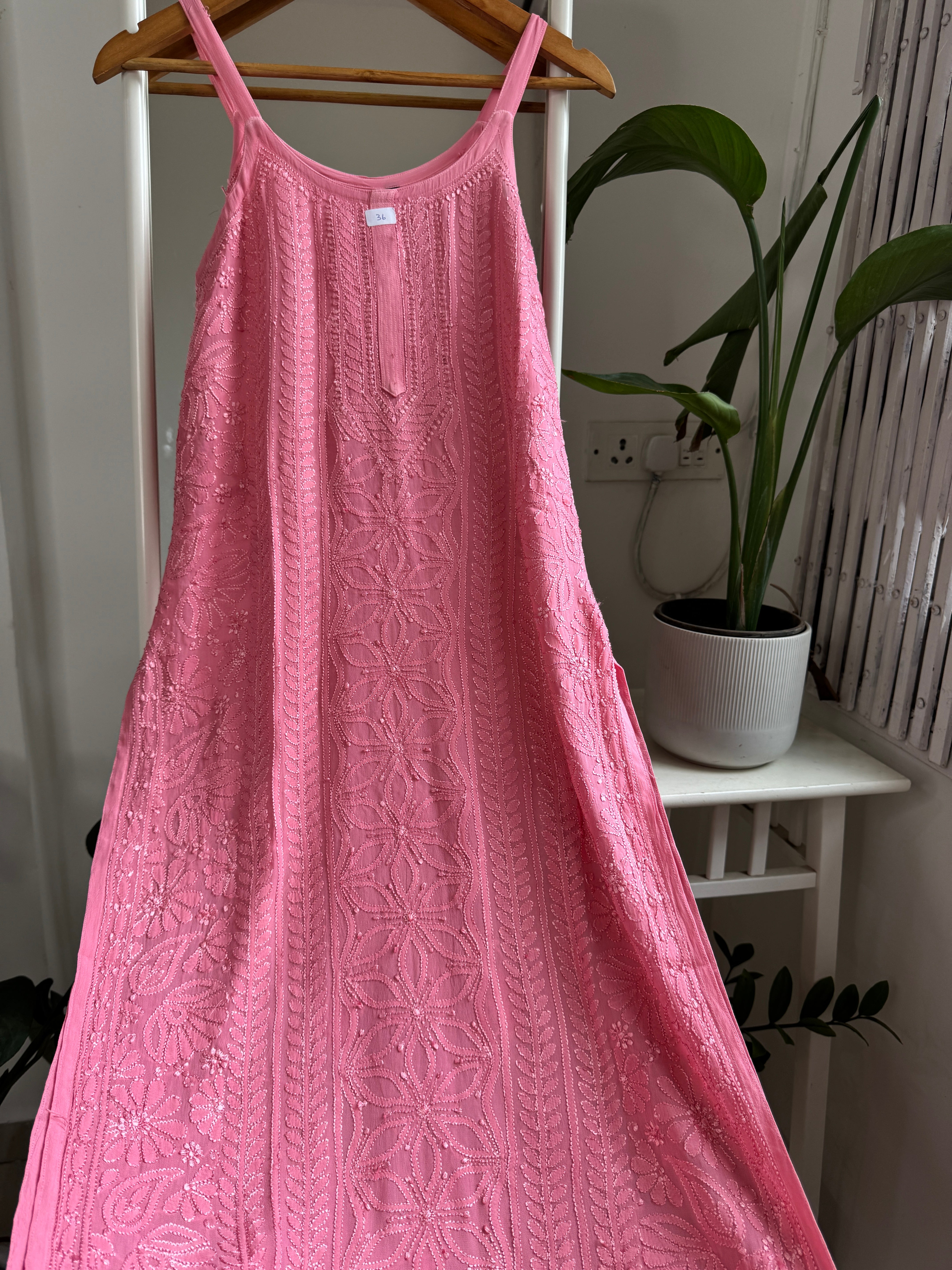 Noodle Strap Chikankari Kurti Long - Rosewood Pink -Rose Collection