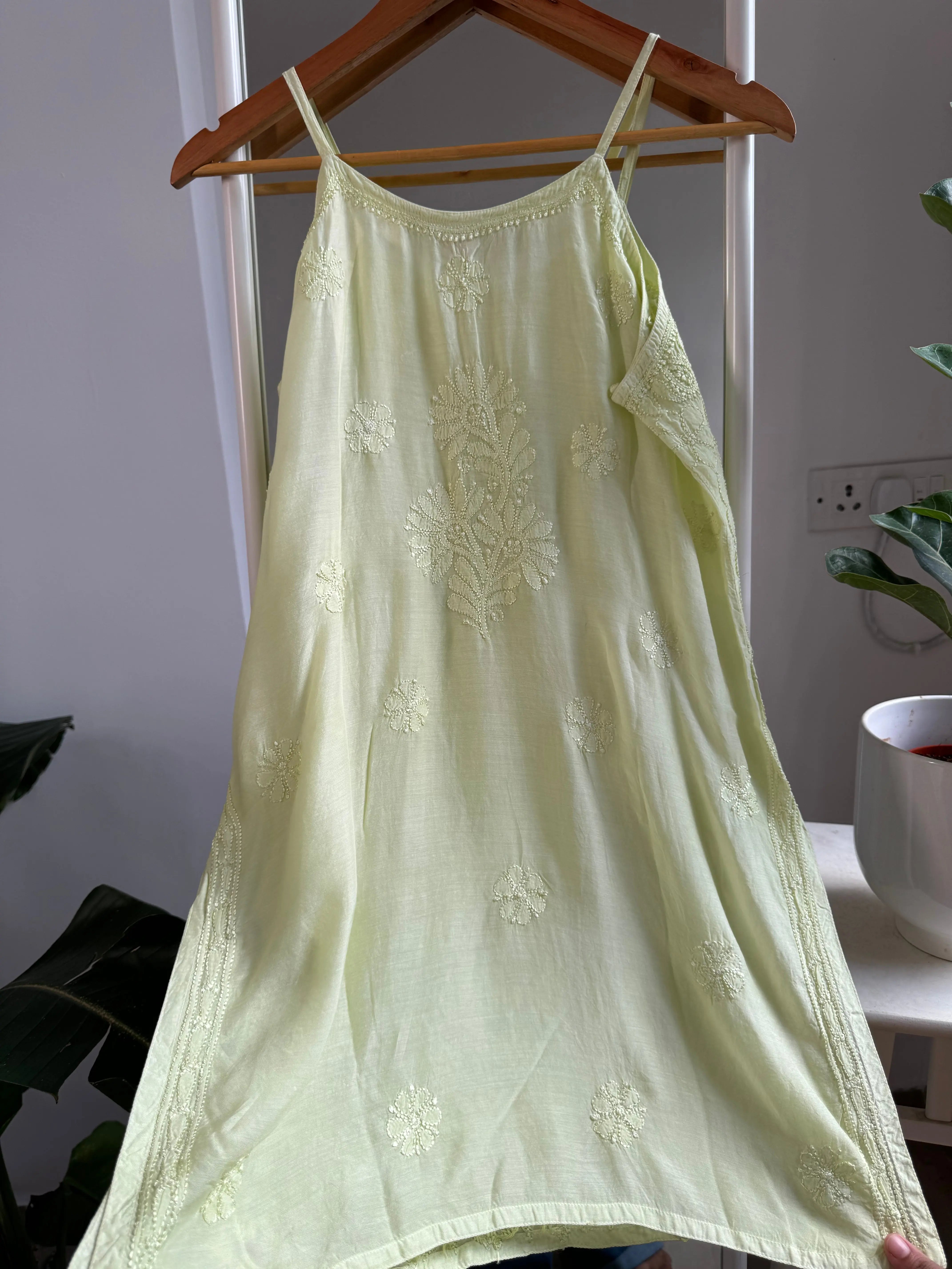 Muslin Chikankari Noodle Strap short Top - Sage Green ARIAA CHIKANKARI 