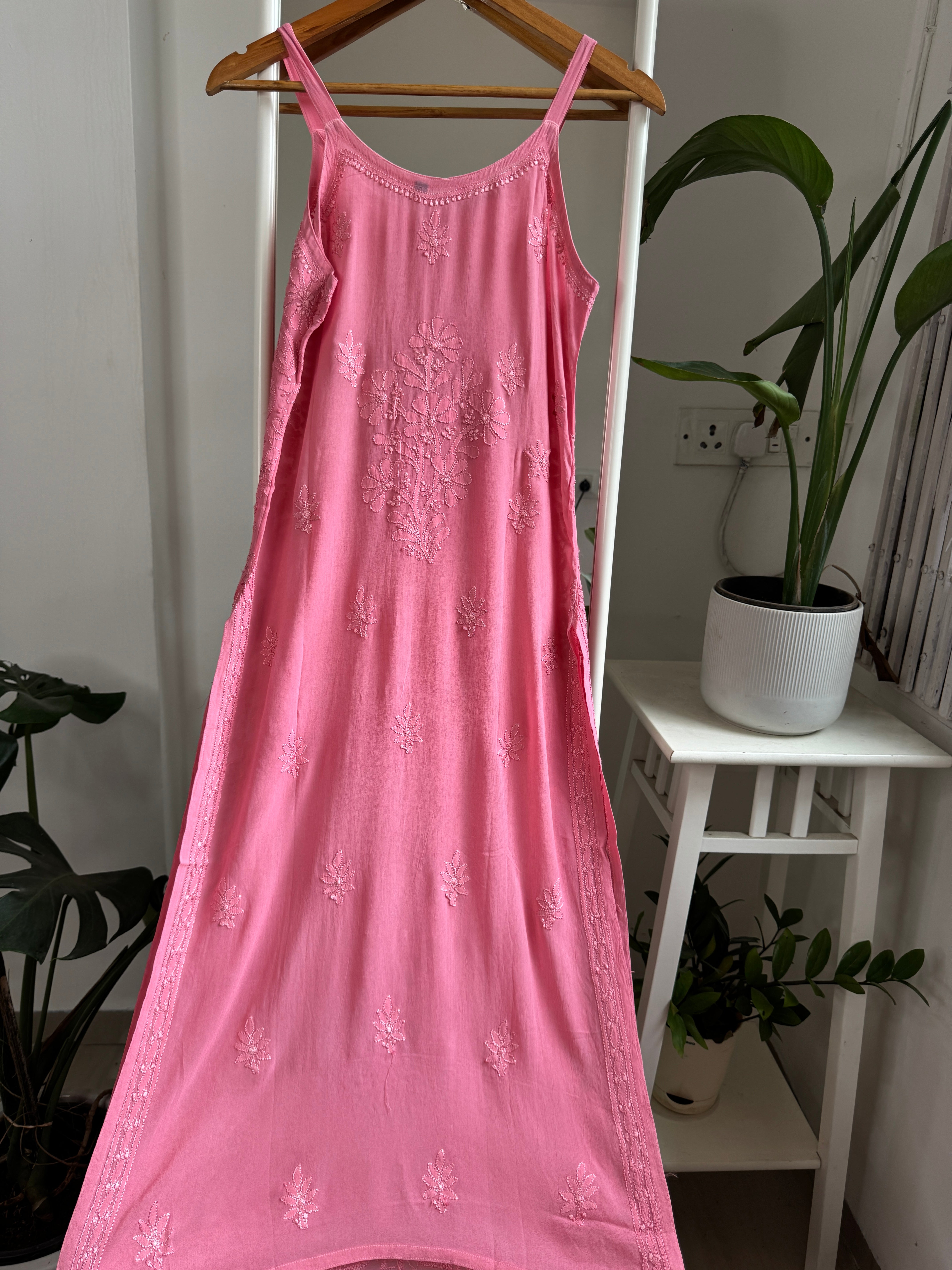 Noodle Strap Chikankari Kurti Long - Rosewood Pink -Rose Collection