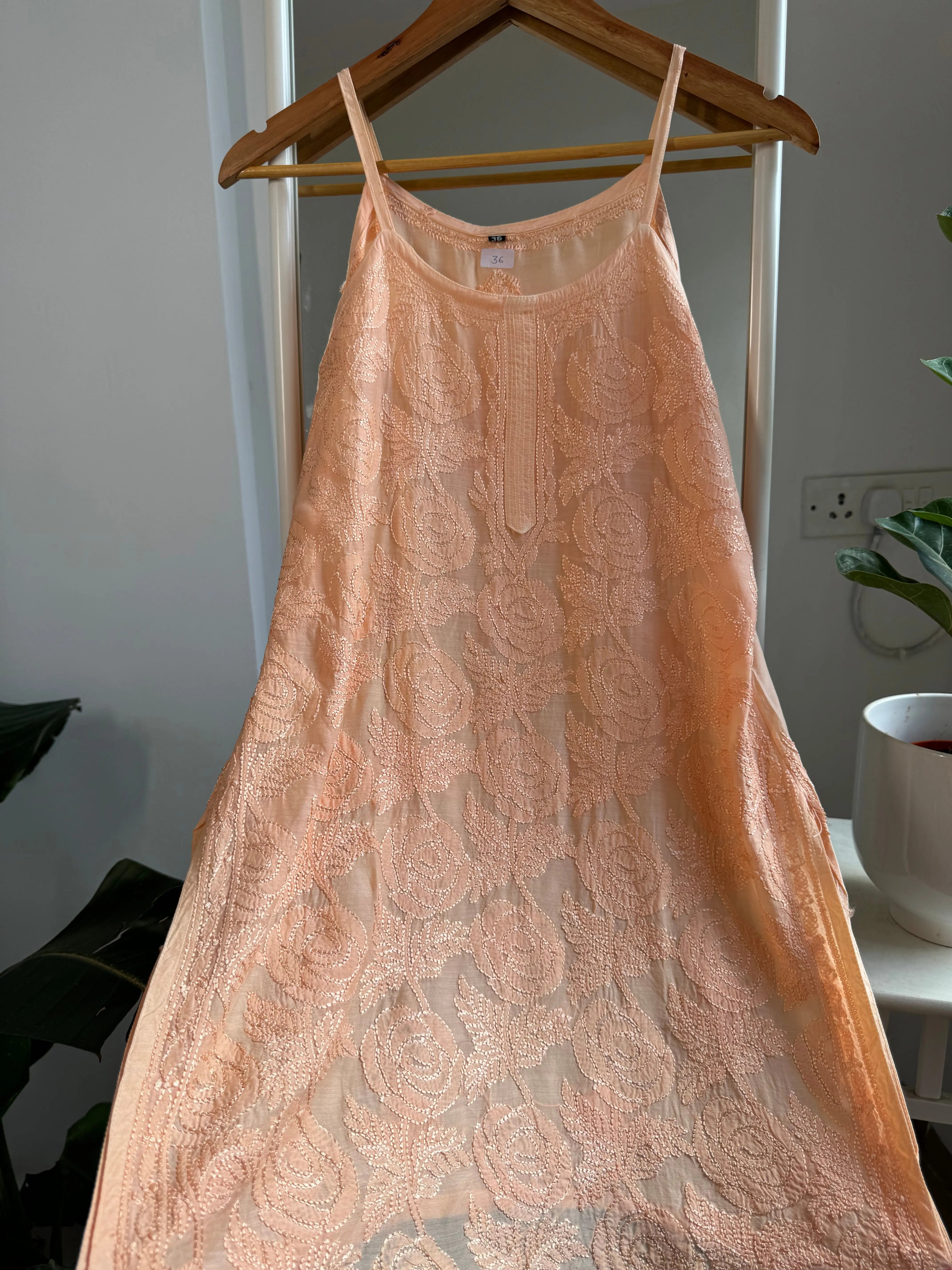 Muslin Chikankari Noodle Strap short Top - Peach ARIAA CHIKANKARI 