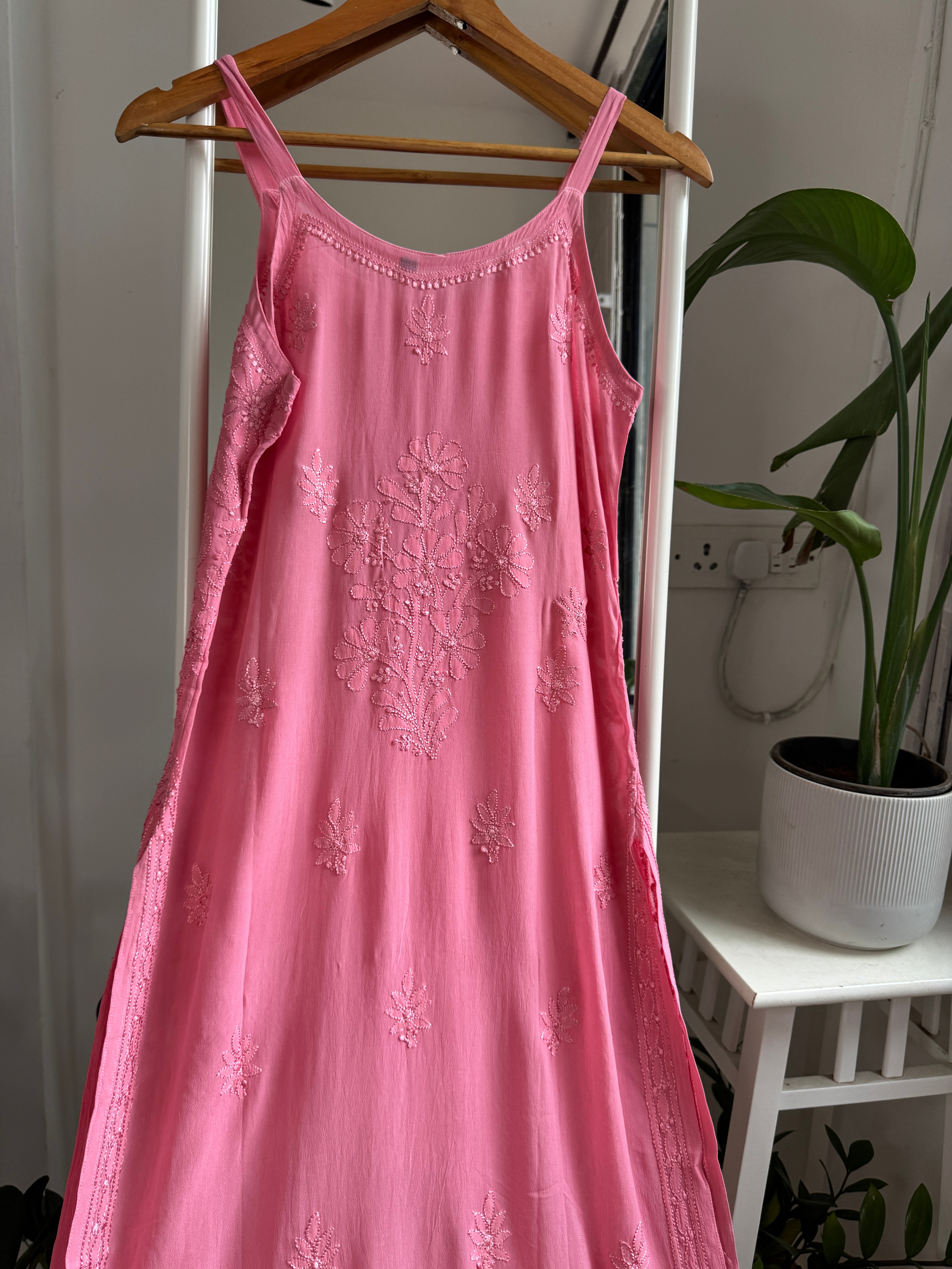 Noodle Strap Chikankari Kurti Long - Rosewood Pink -Rose Collection