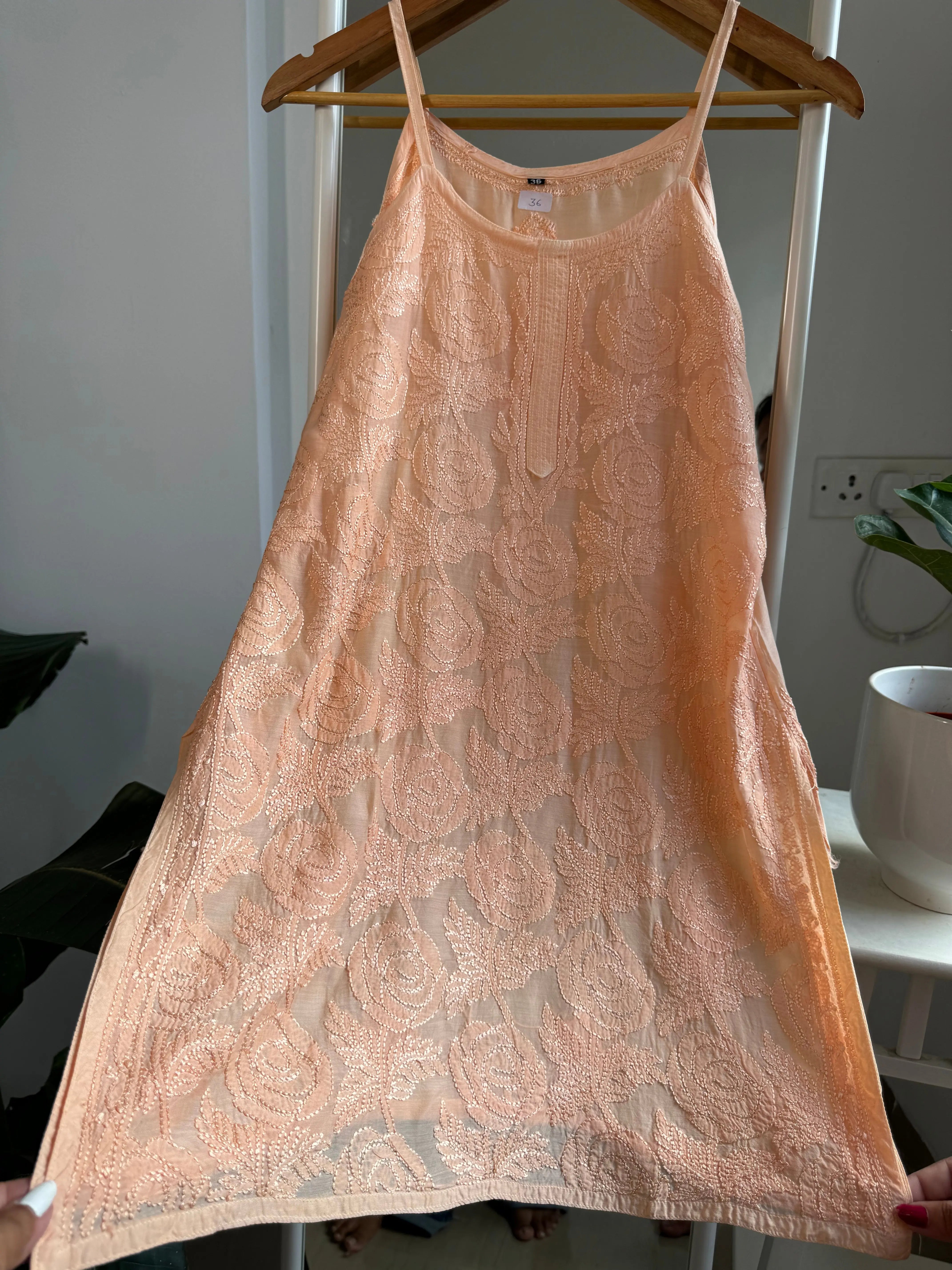 Muslin Chikankari Noodle Strap short Top - Peach ARIAA CHIKANKARI 