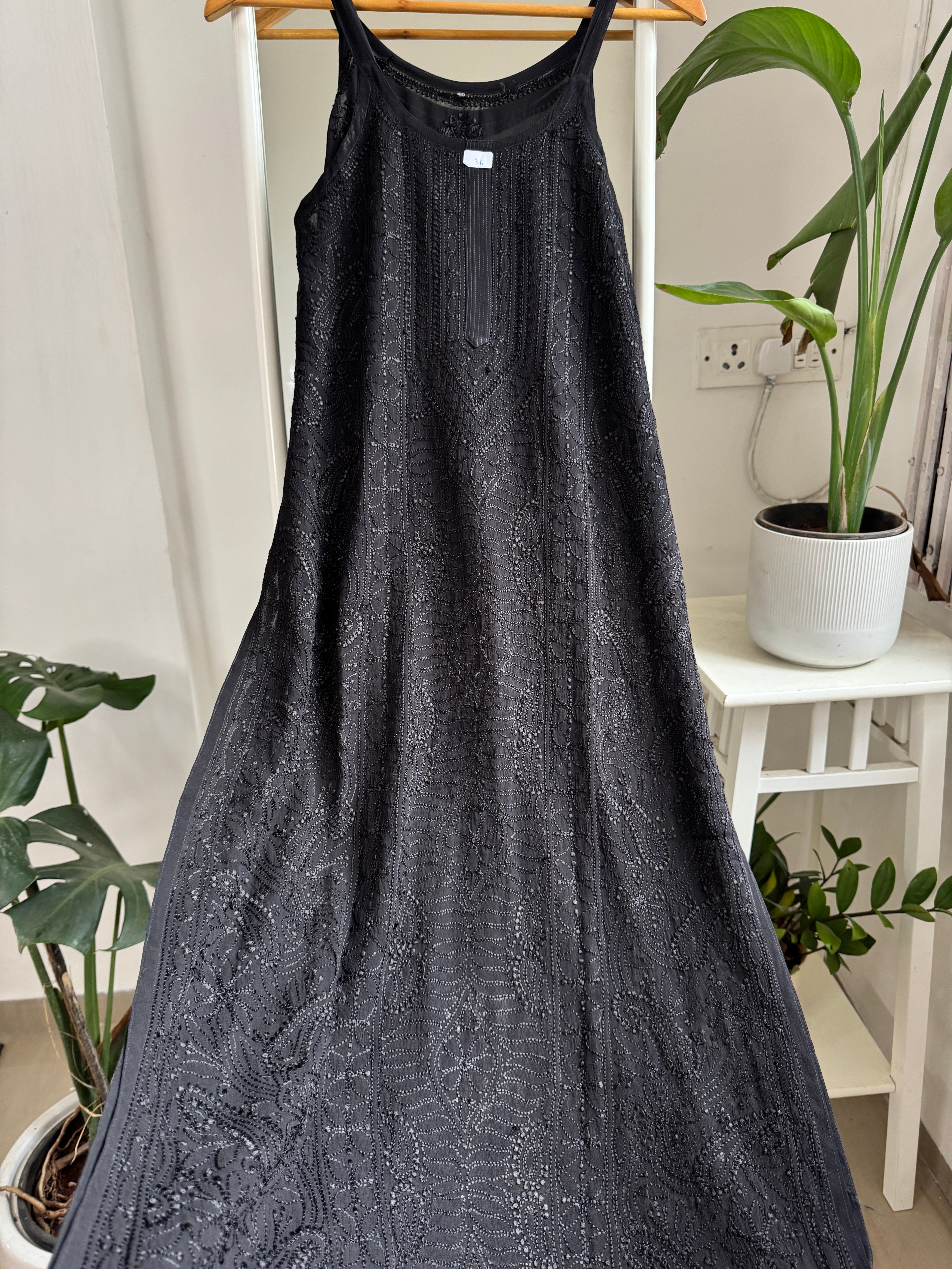 Noodle Strap Chikankari Kurti Long - Black -Rose Collection