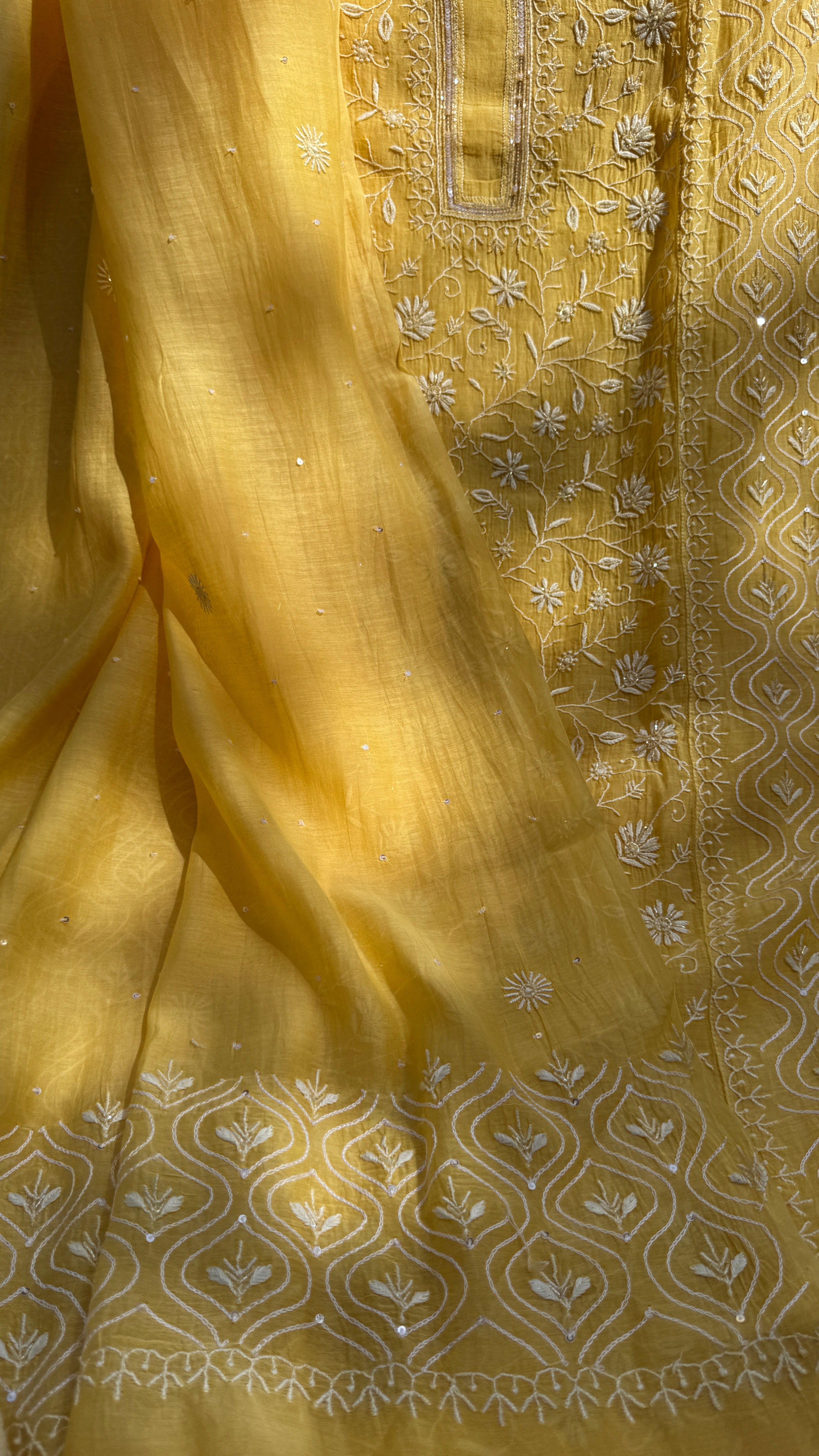 Mul Chanderi Chikankari - Unstitched Set - Yellow