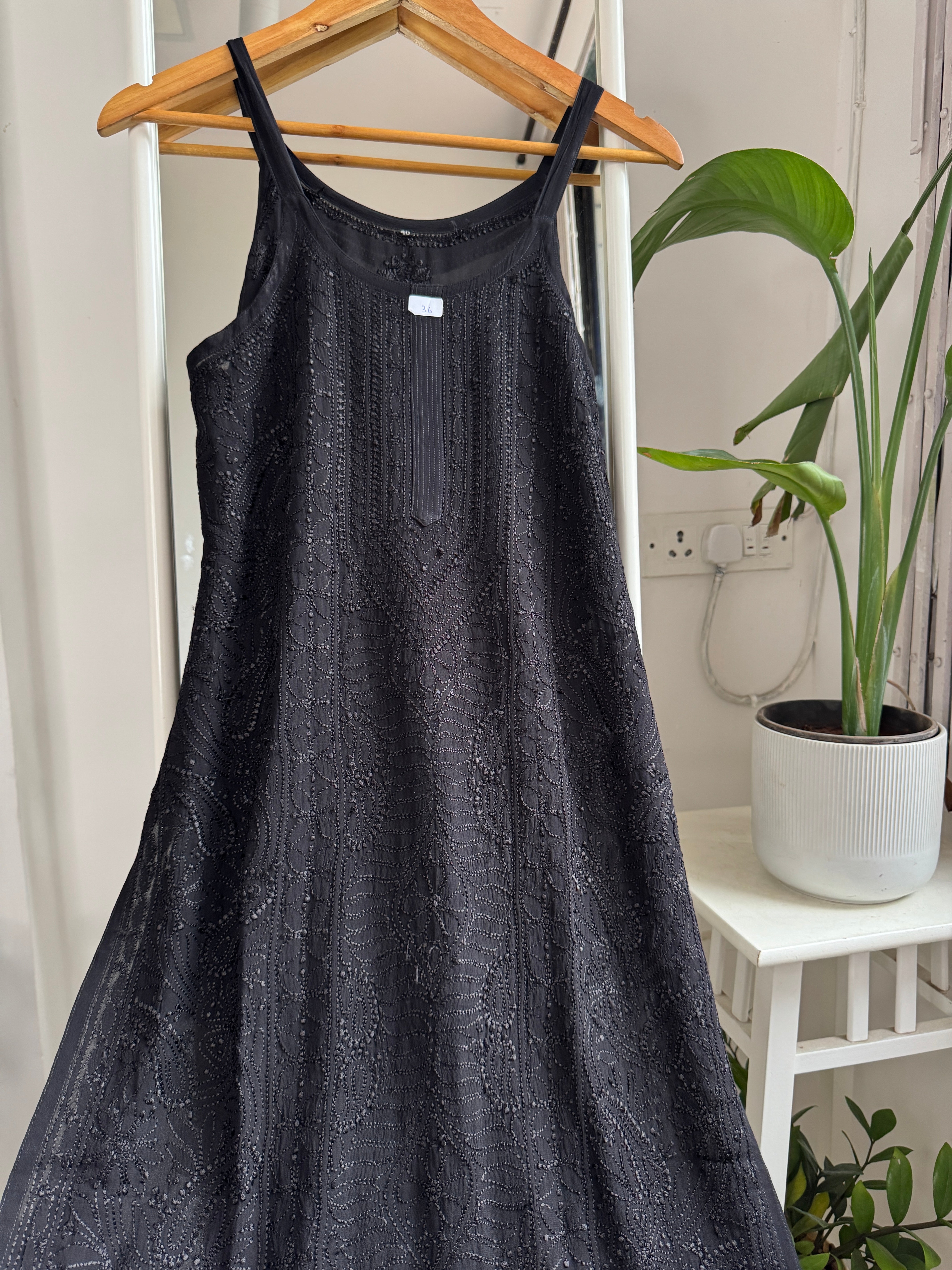 Noodle Strap Chikankari Kurti Long - Black -Rose Collection