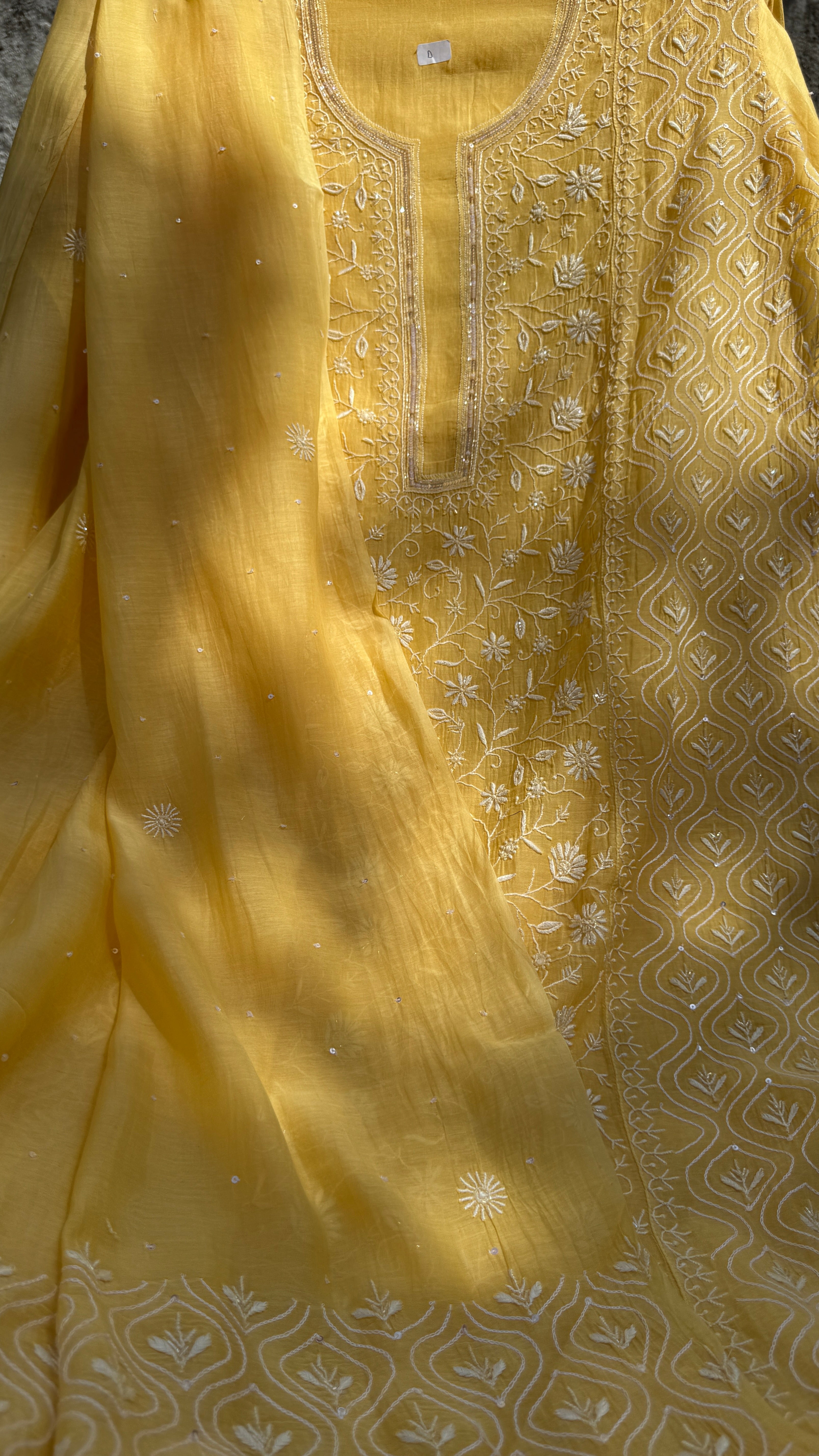 Mul Chanderi Chikankari - Unstitched Set - Yellow