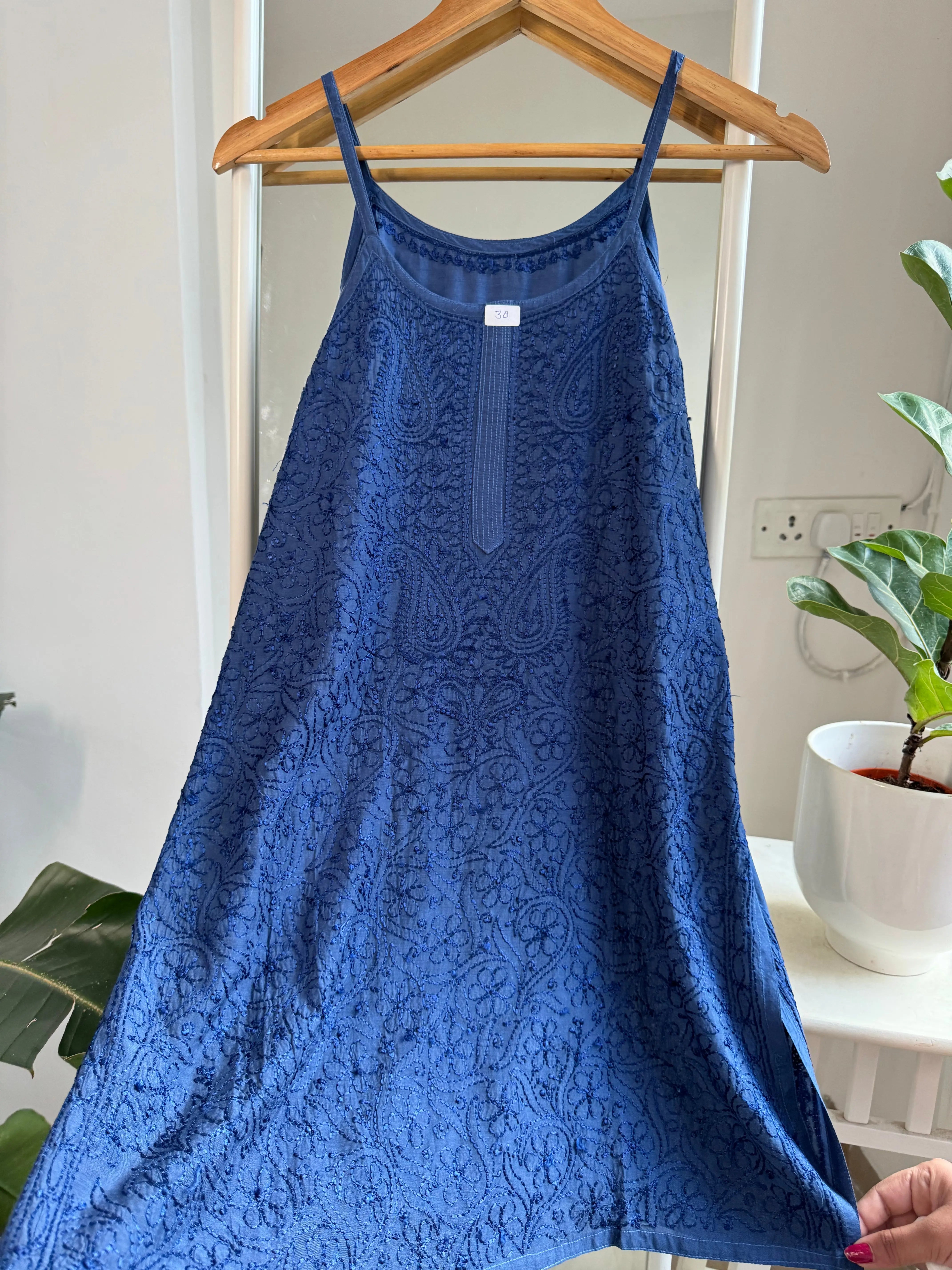 Muslin Chikankari Noodle Strap short Top - Midnight Blue ARIAA CHIKANKARI 