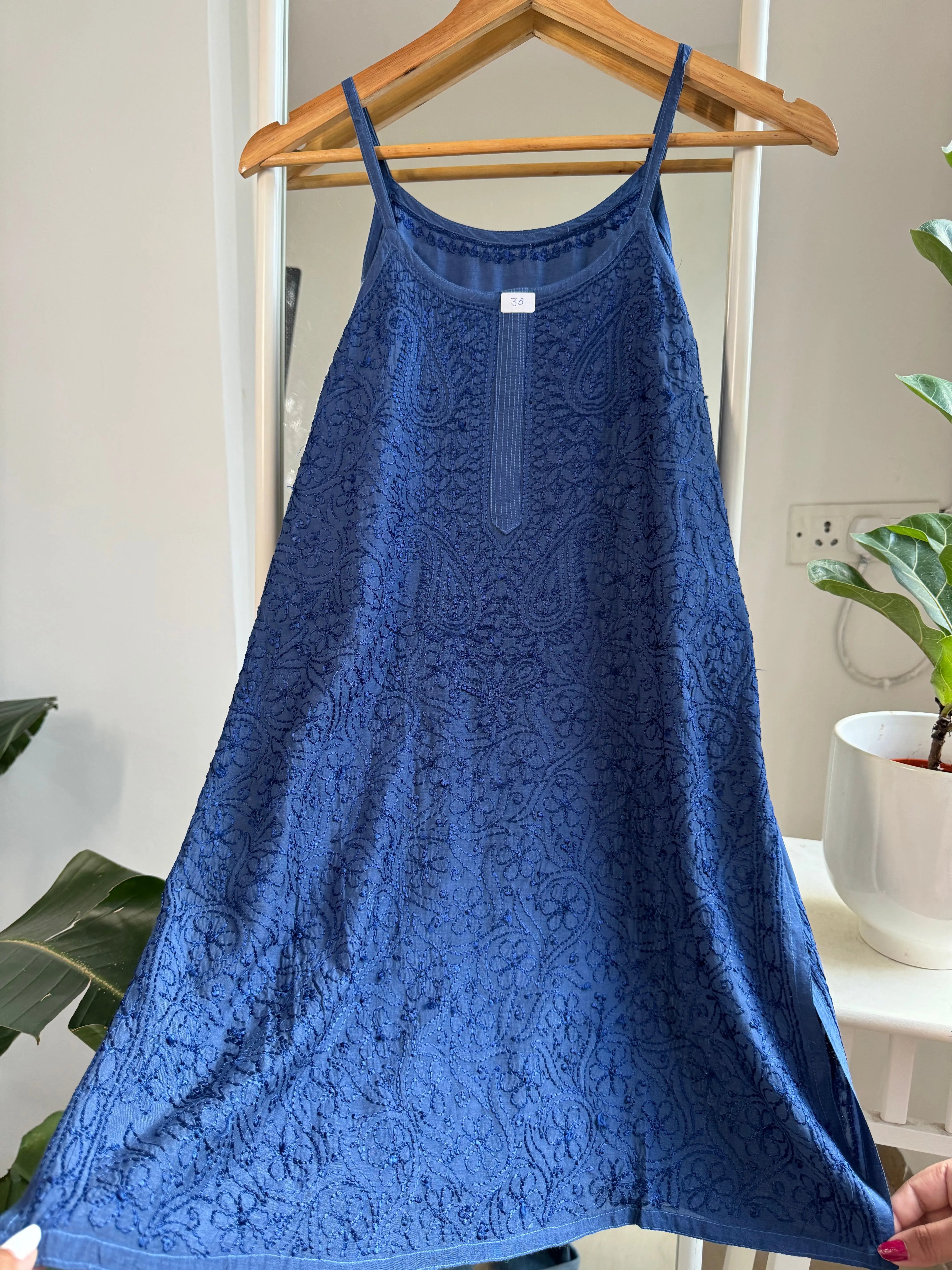 Muslin Chikankari Noodle Strap short Top - Midnight Blue ARIAA CHIKANKARI 