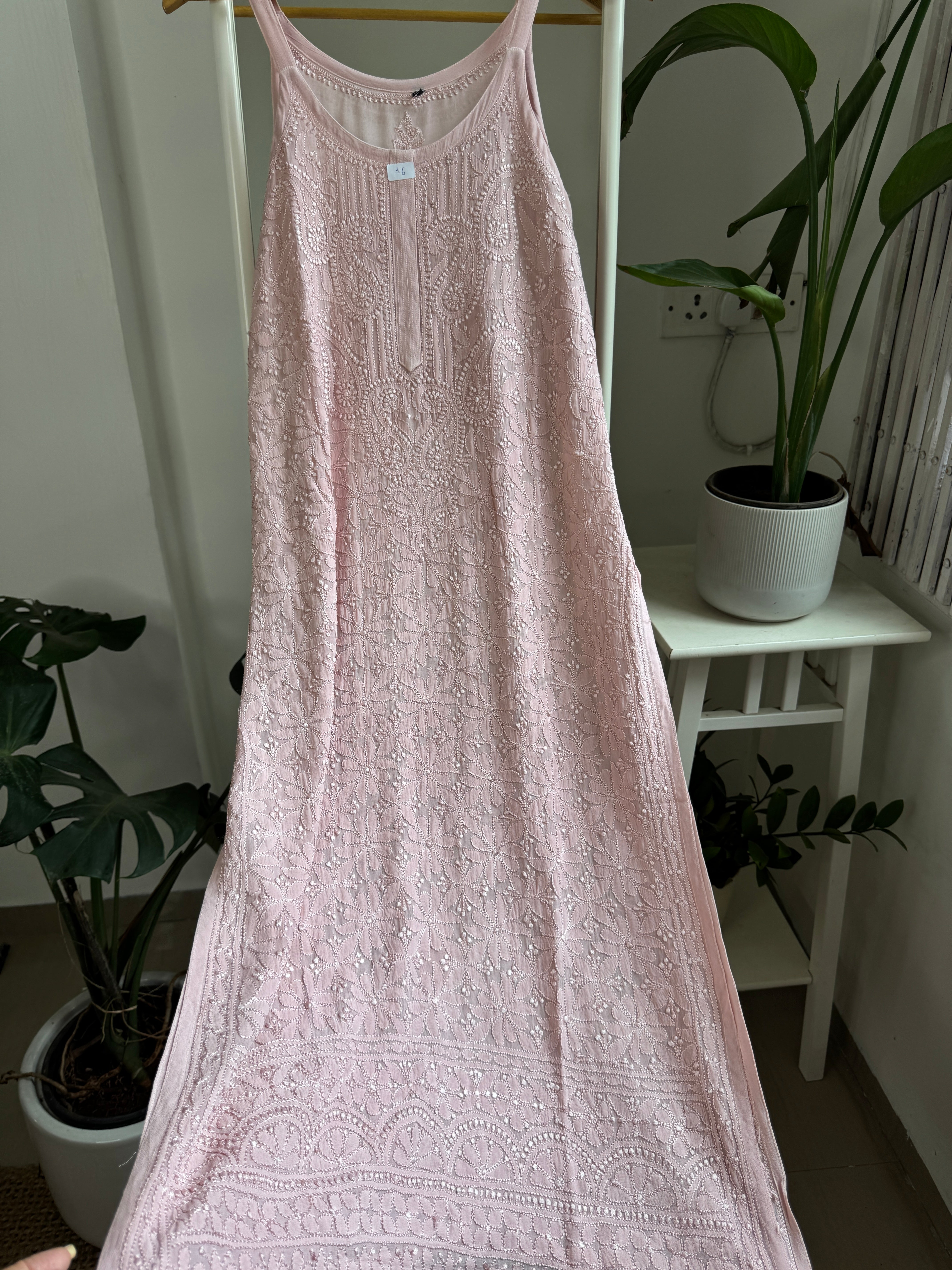 Noodle Strap Chikankari Kurti Long - Nude Pink -Rose Collection