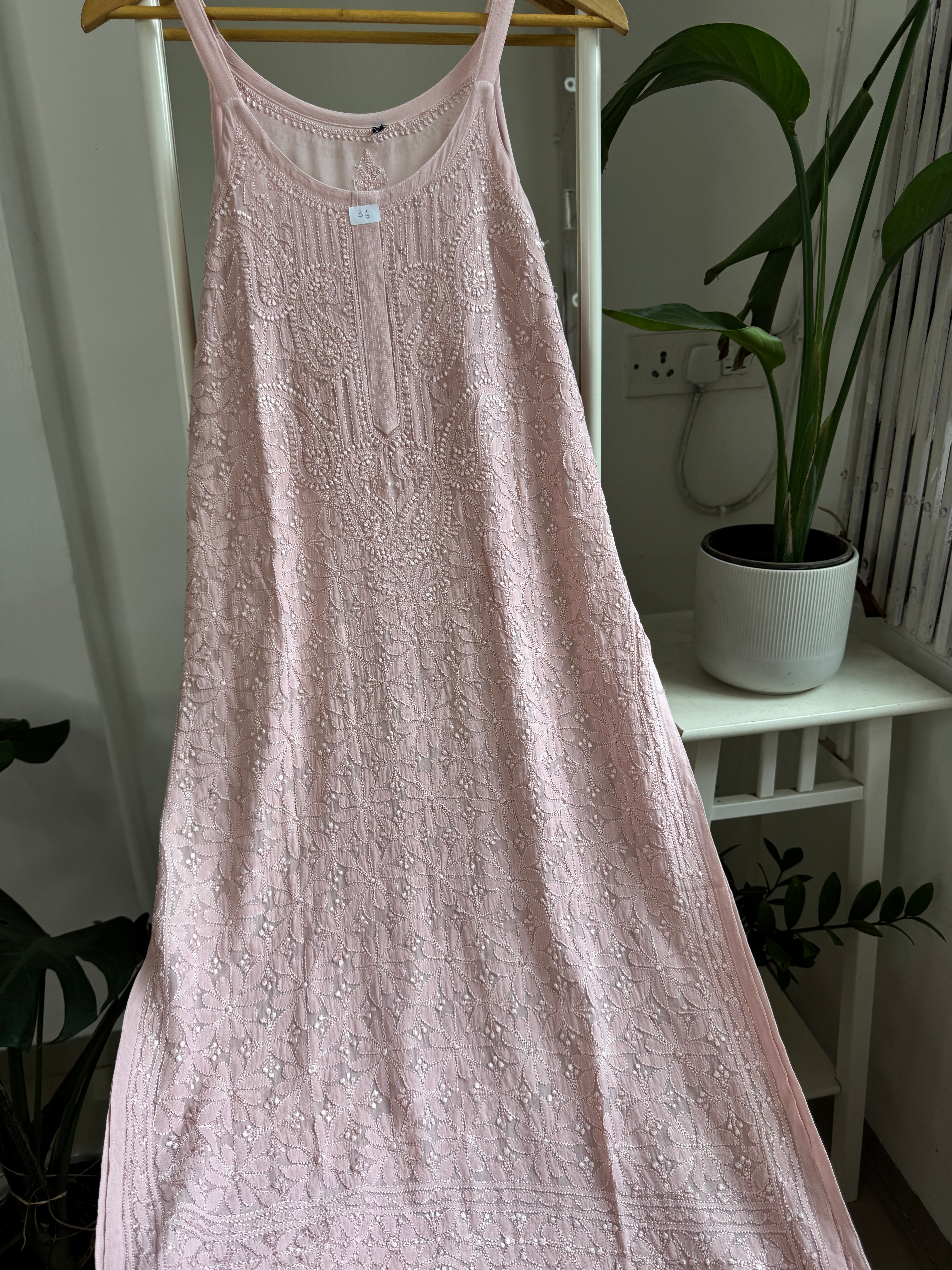 Noodle Strap Chikankari Kurti Long - Nude Pink -Rose Collection