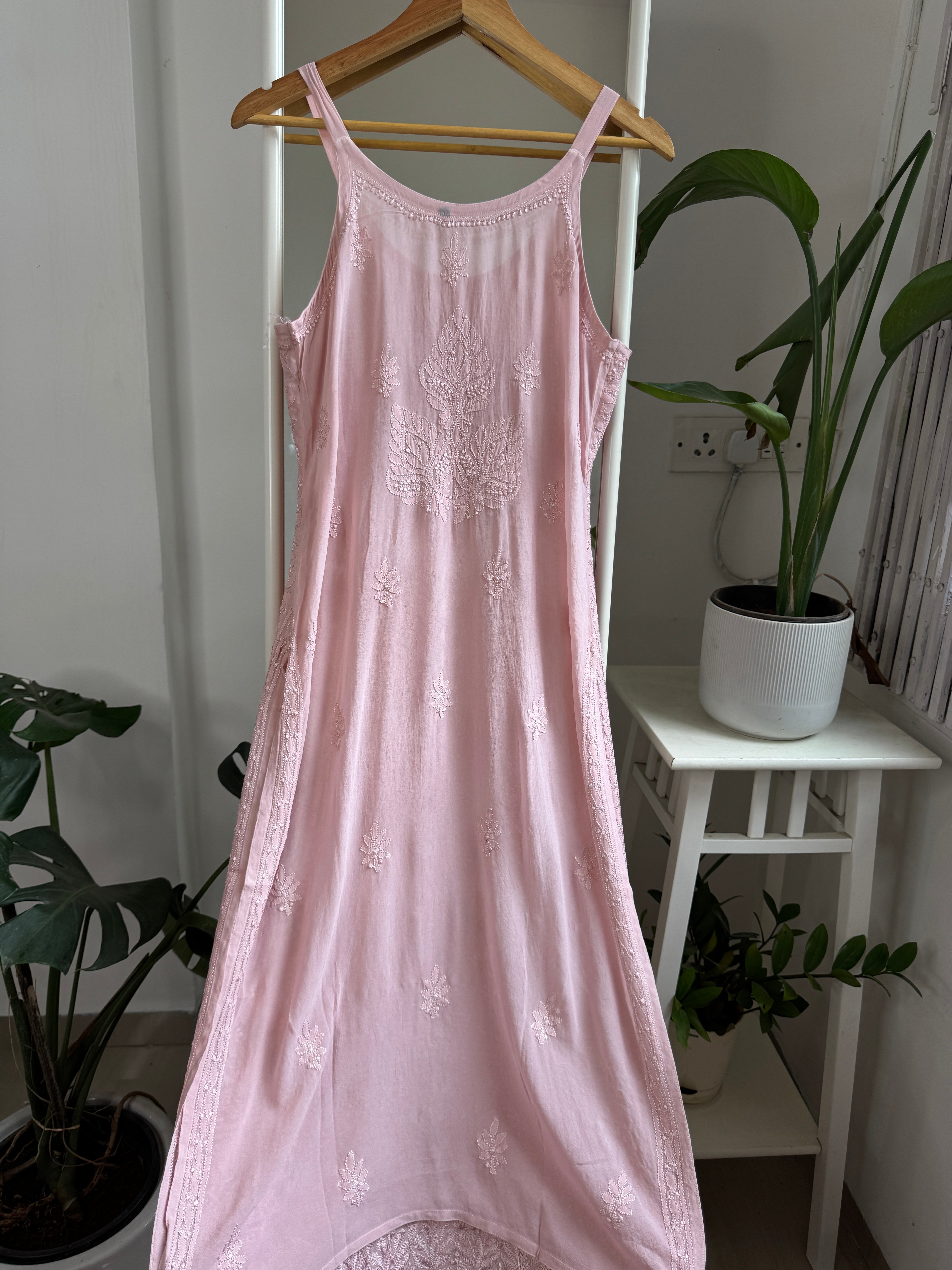 Noodle Strap Chikankari Kurti Long - Nude Pink -Rose Collection