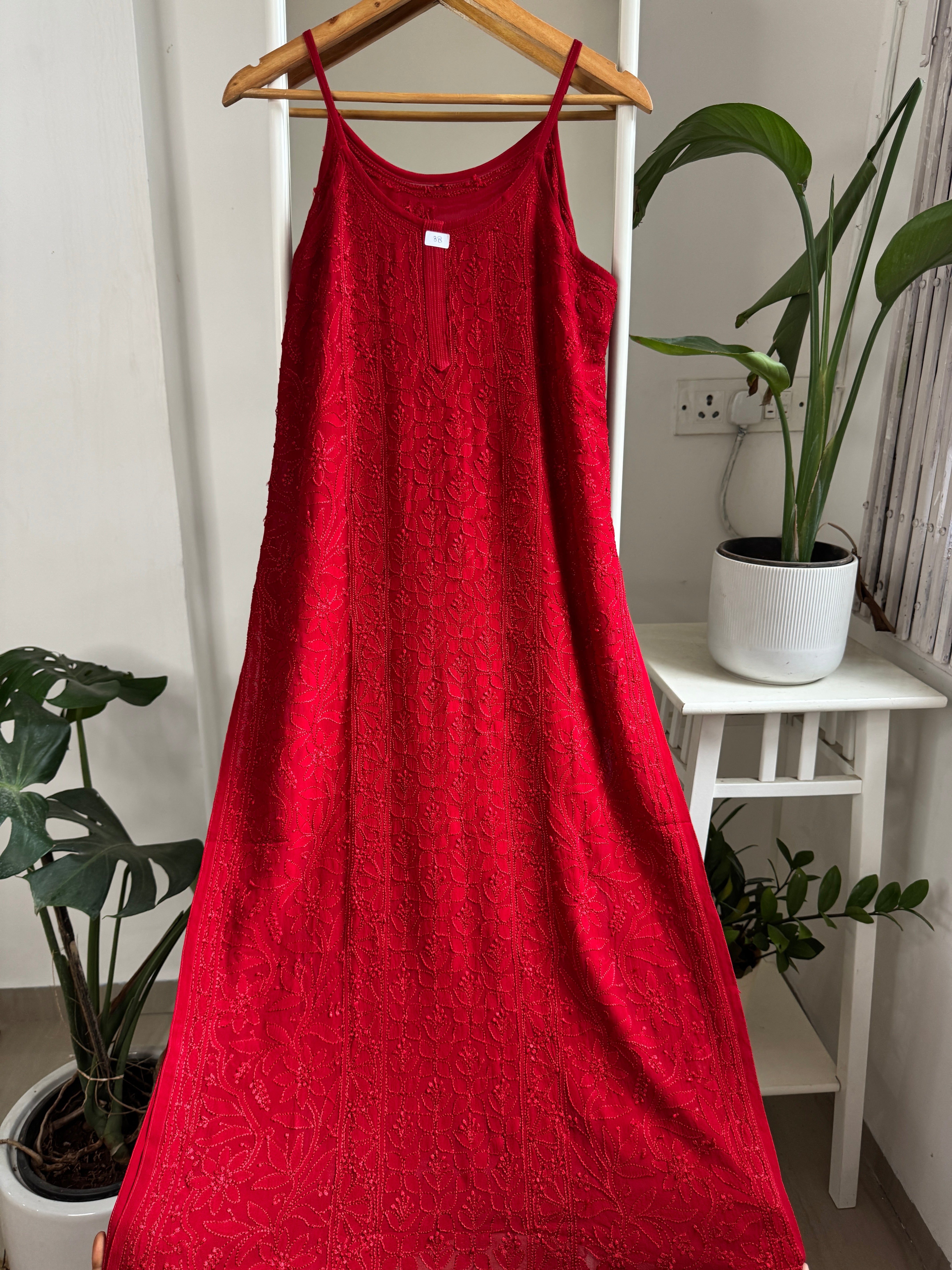 Noodle Strap Chikankari Kurti Long - Red -Rose Collection