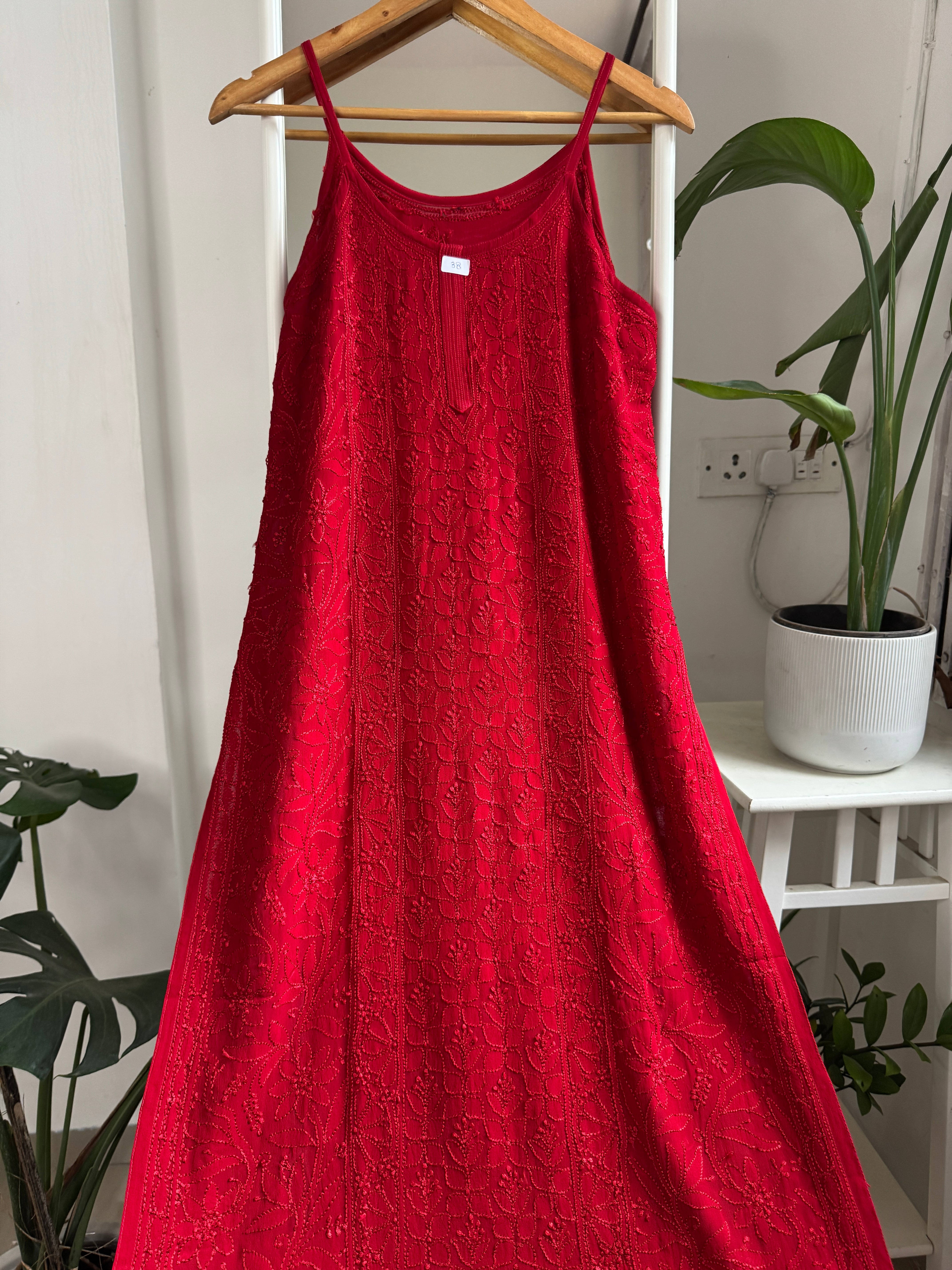 Noodle Strap Chikankari Kurti Long - Red -Rose Collection