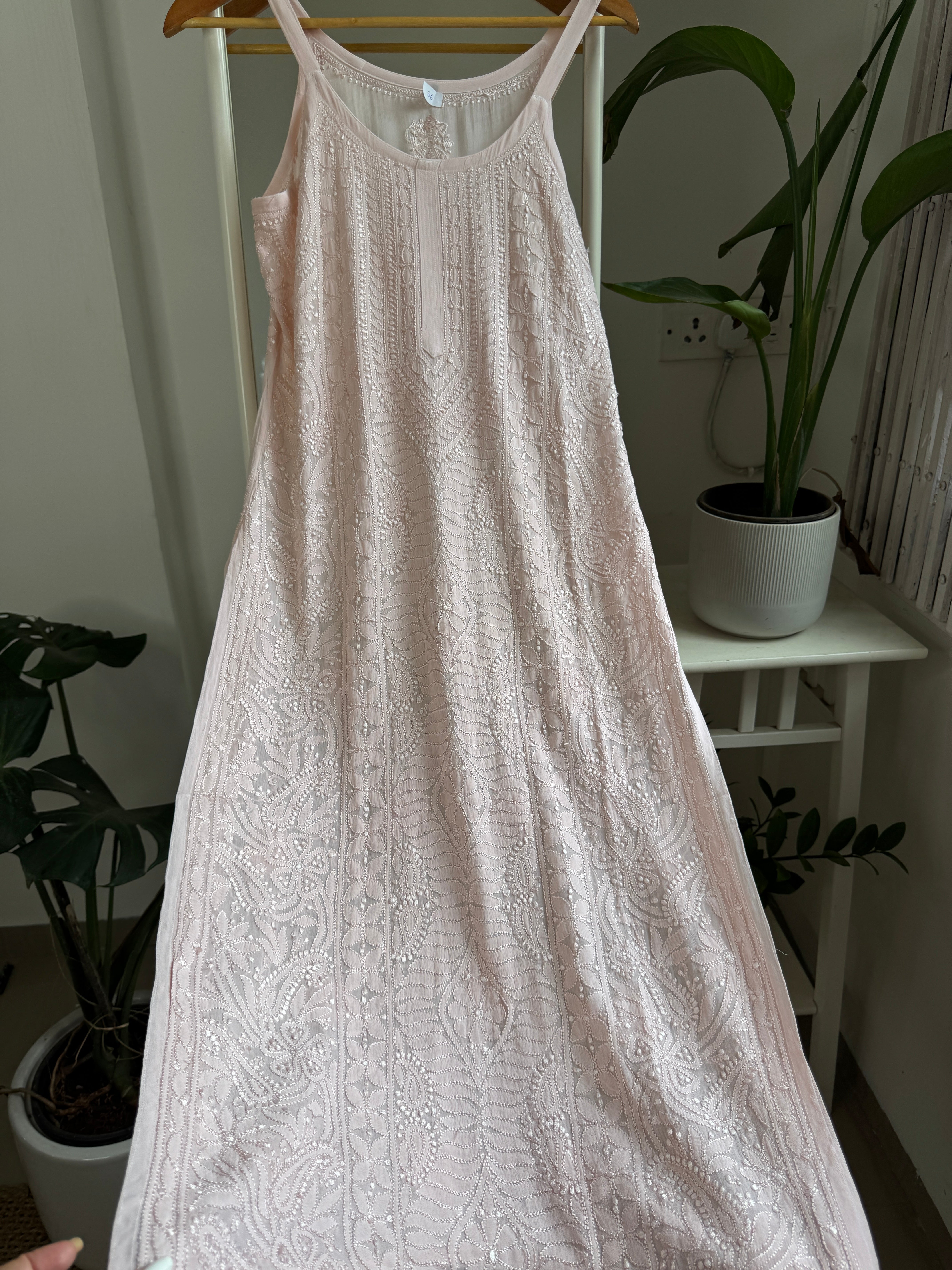 Noodle Strap Chikankari Kurti Long - Pale Pink -Rose Collection