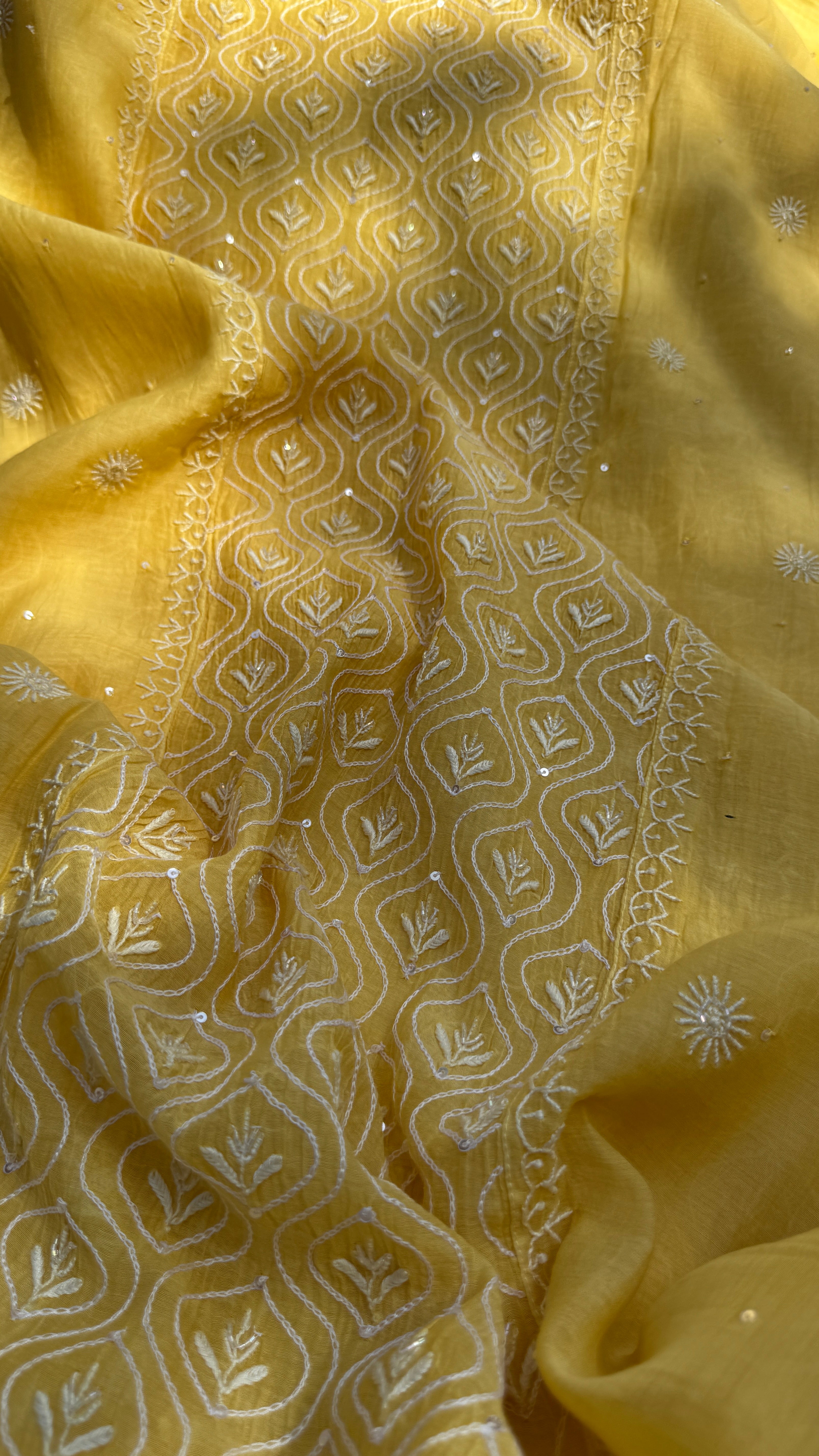 Mul Chanderi Chikankari - Unstitched Set - Yellow