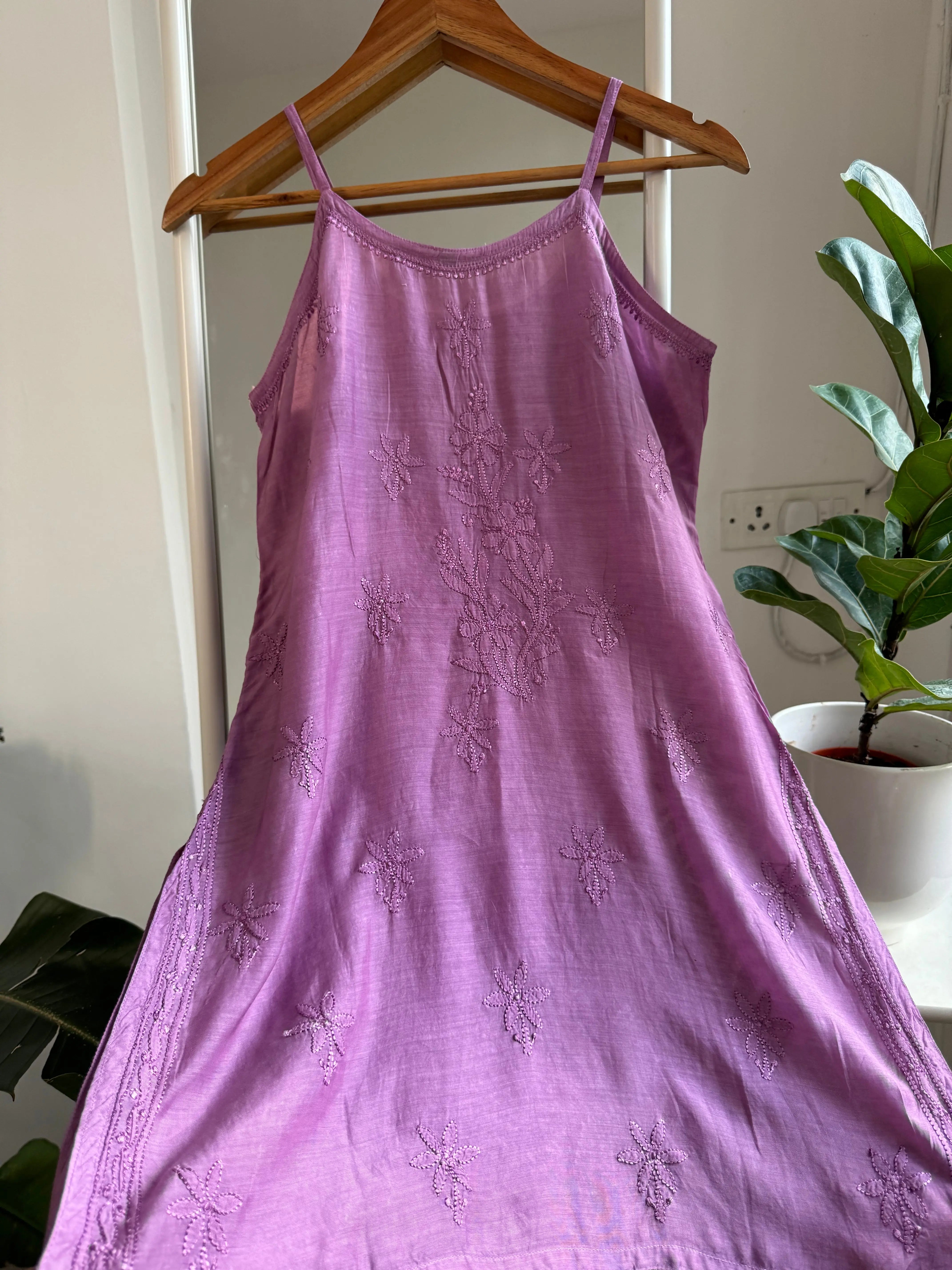 Muslin Chikankari Noodle Strap short Top - Lilac ARIAA CHIKANKARI 