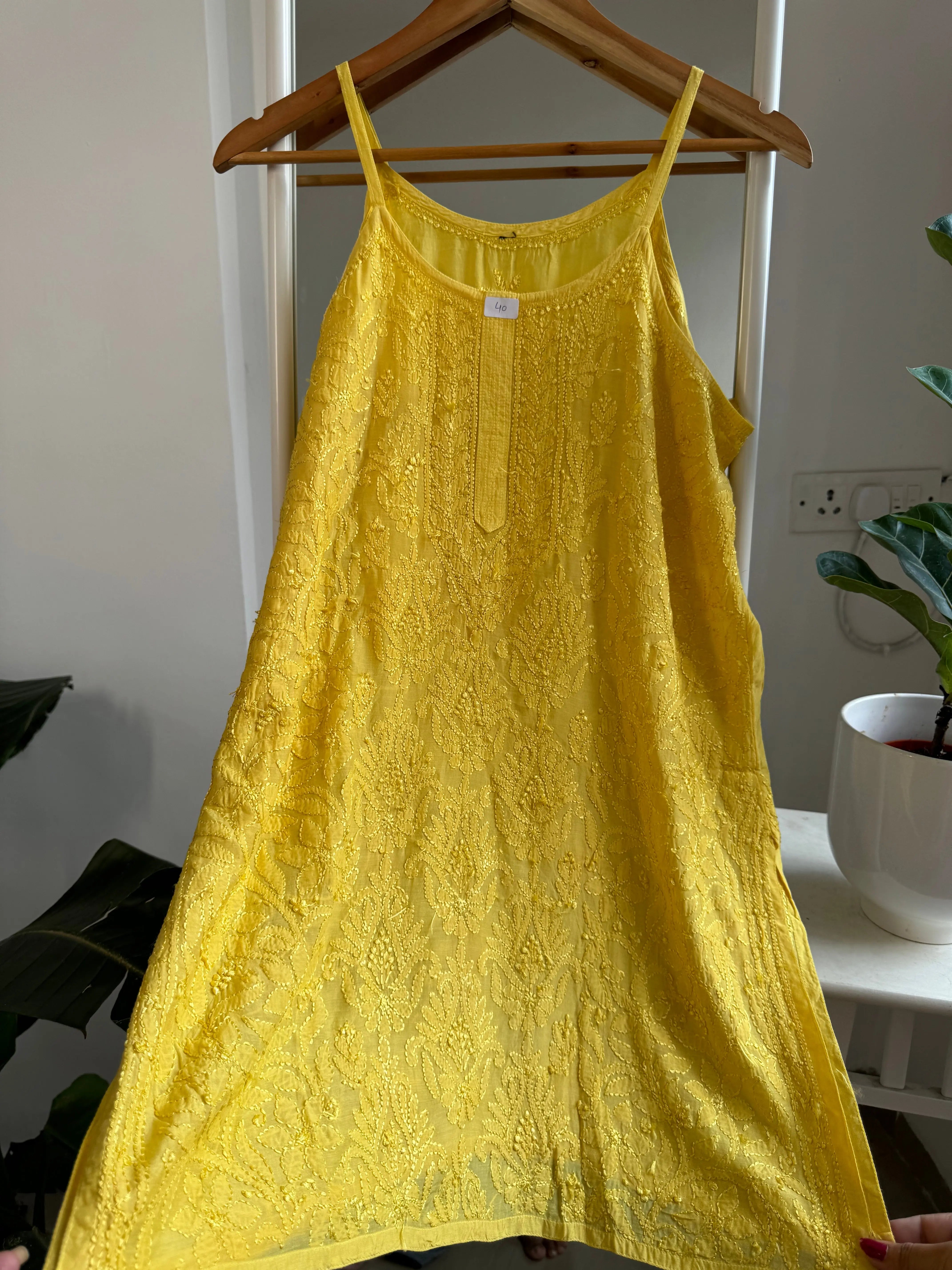 Muslin Chikankari Noodle Strap short Top - Yellow ARIAA CHIKANKARI 