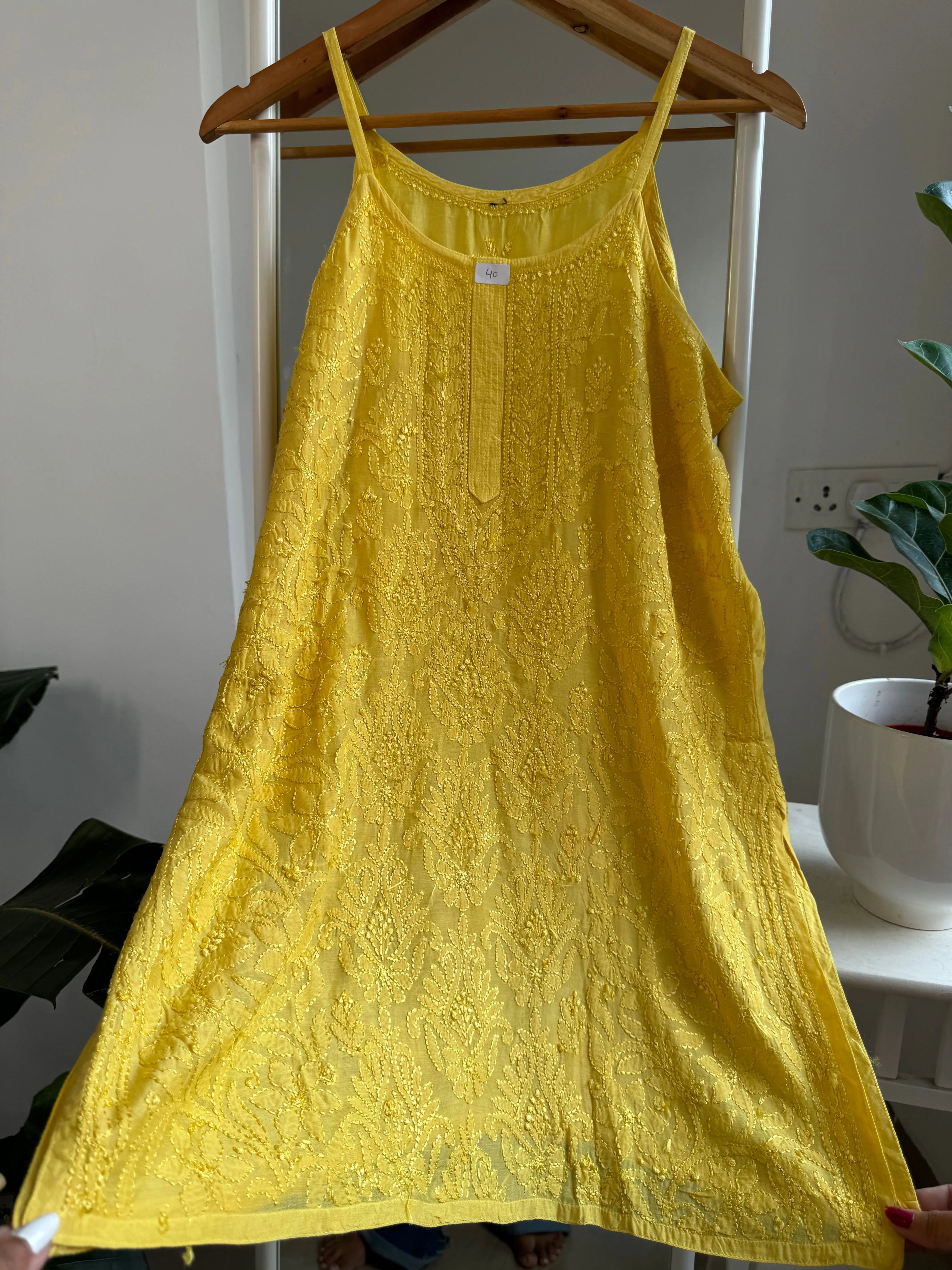 Muslin Chikankari Noodle Strap short Top - Yellow ARIAA CHIKANKARI 