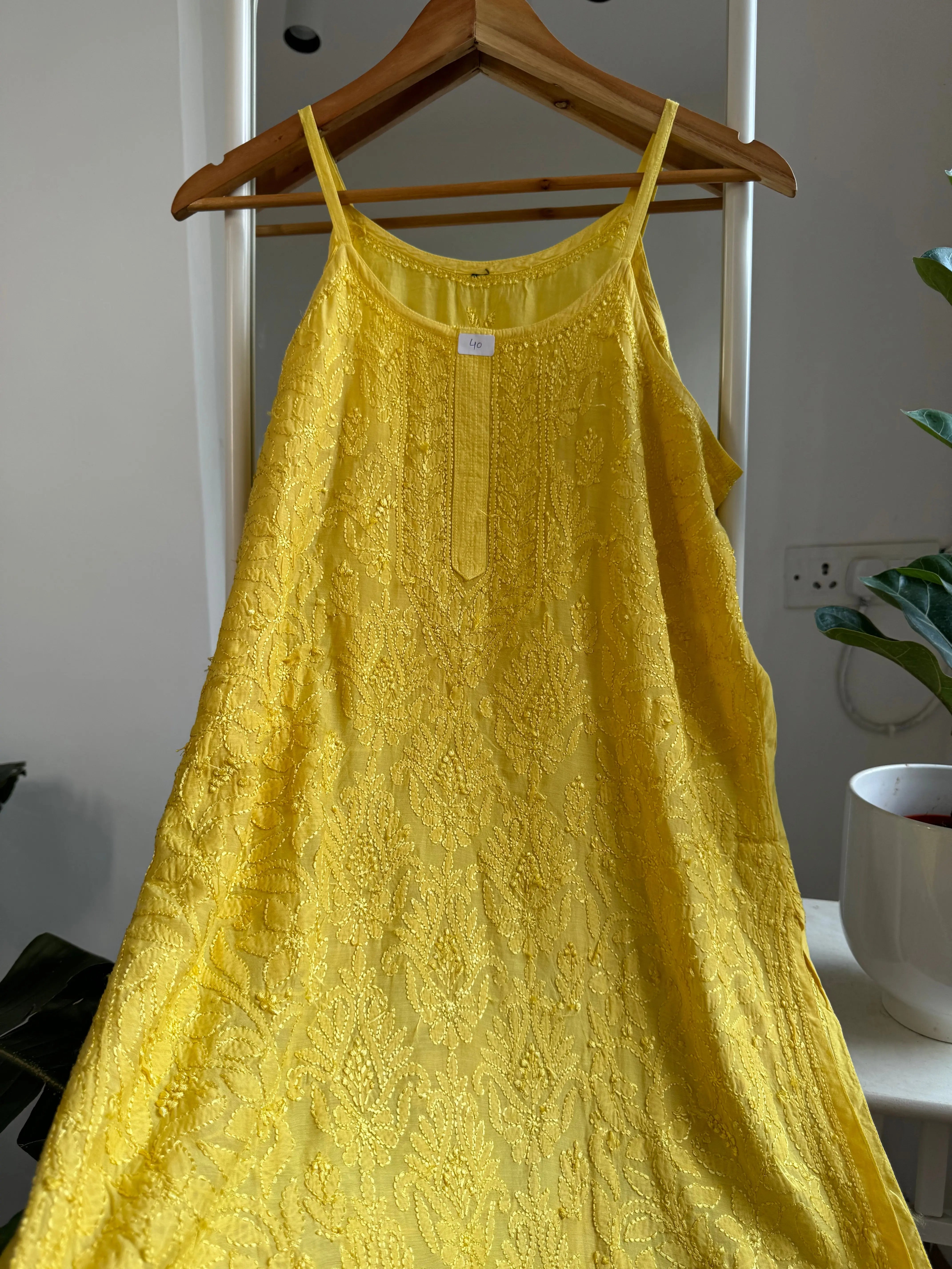 Muslin Chikankari Noodle Strap short Top - Yellow ARIAA CHIKANKARI 