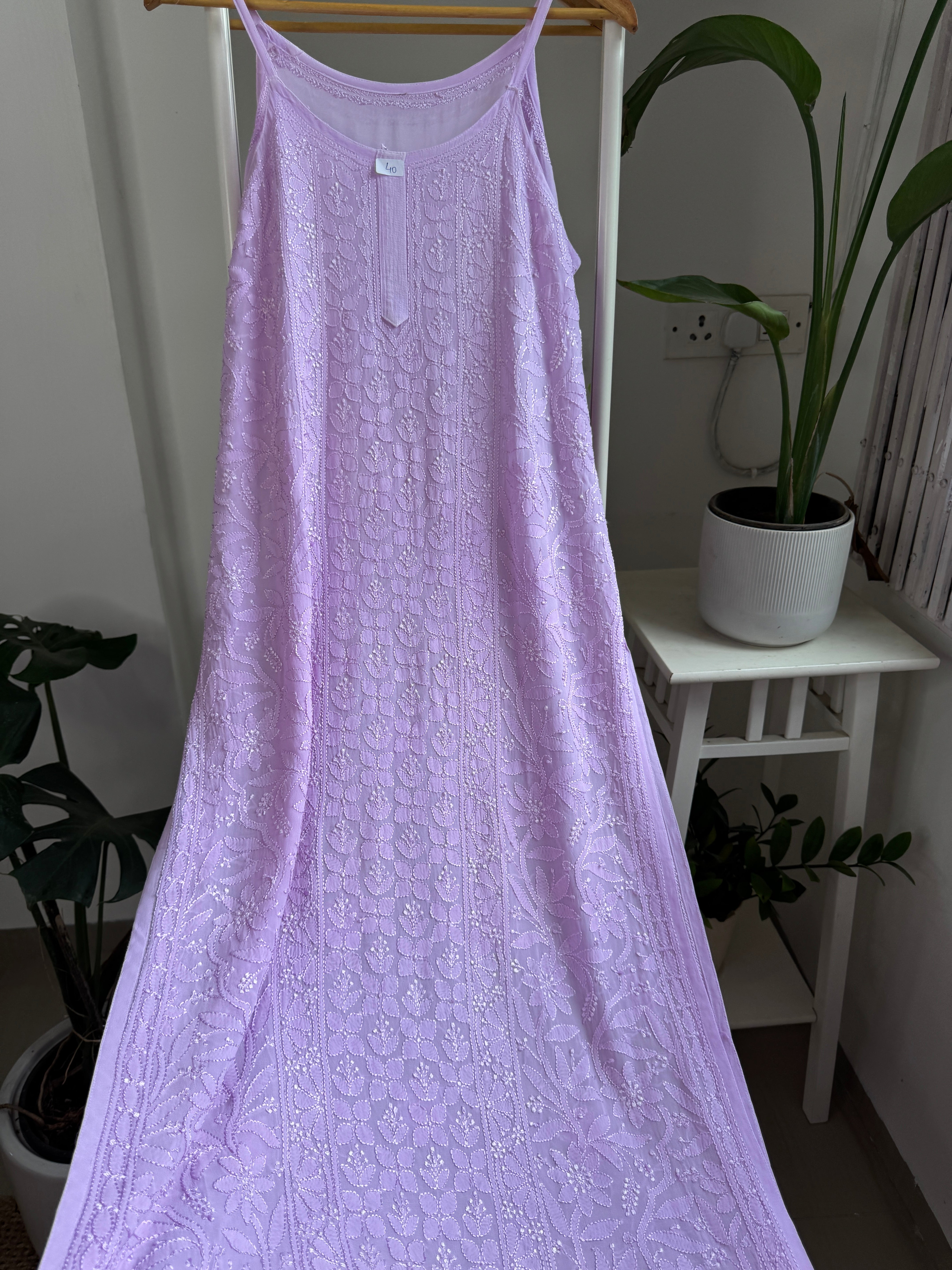 Noodle Strap Chikankari Kurti Long - Lilac -Rose Collection